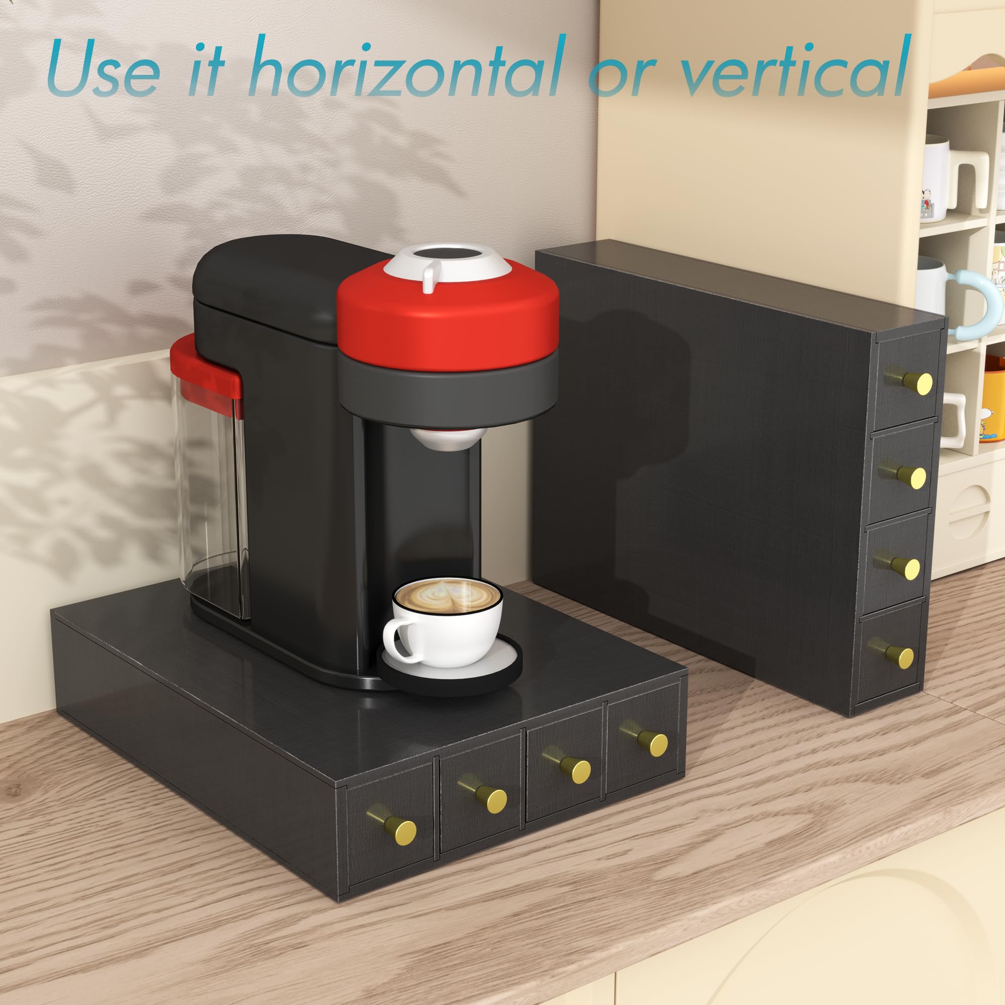 Suli rangement capsule,4 tiroirs,compatible Nespresso,Bois,noir | 52 Capsules Capacité,organisateur de dosettes de café pour comptoir, rangement d'angle pour bureau,dortoir,double orientation