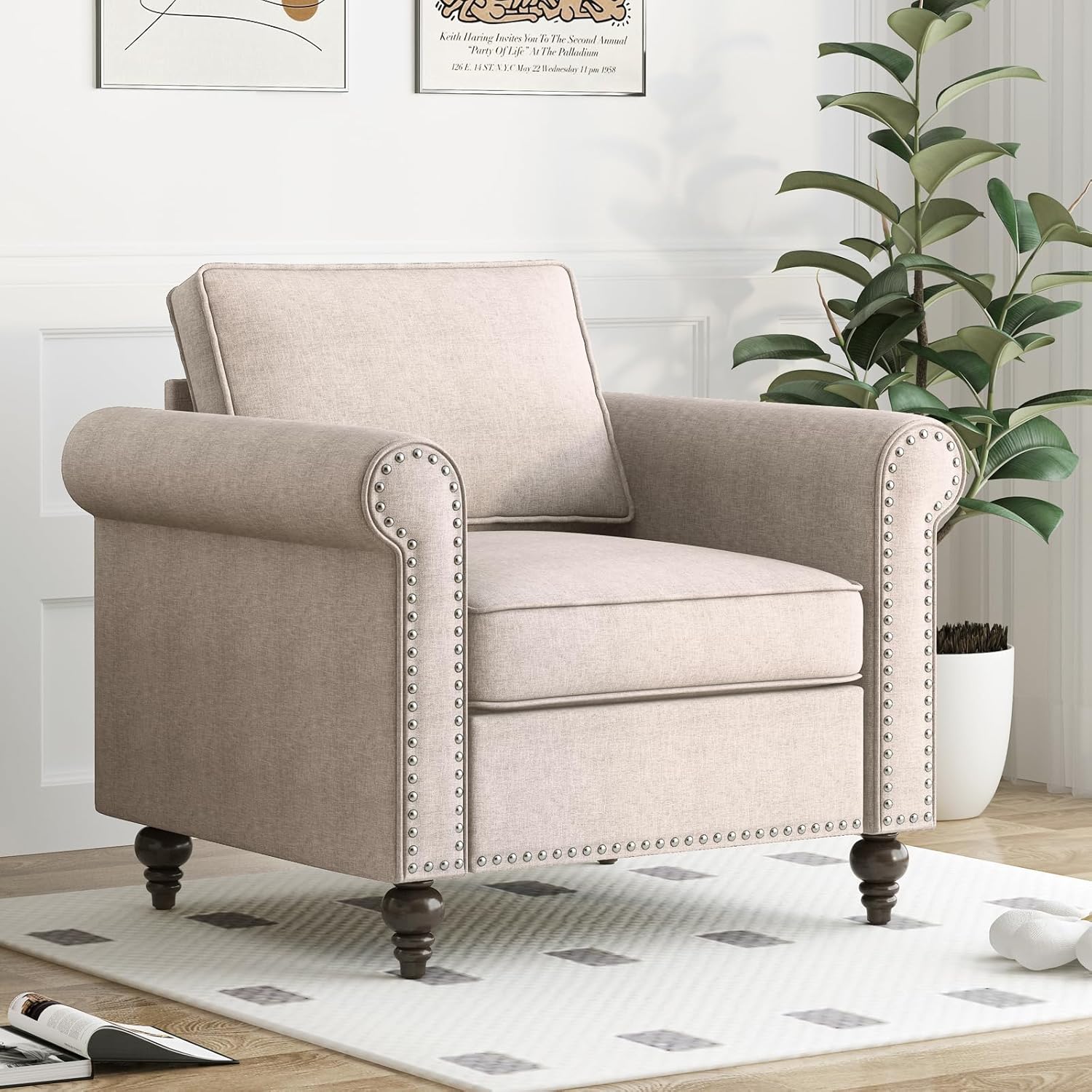 Mjkone Sofa, Mid-Century Armchair, Modern Living Room Single Chairs, Upholstered Small Sofas for Living Room, Single Sofa for Bedroom Office with Riveted Accent& Wood Legs - Beige