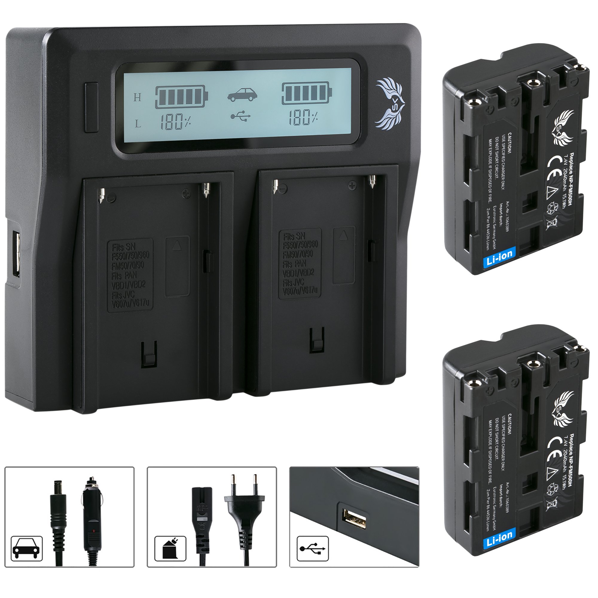2X SK Akku Ersatz für Sony NP-FM500H | 2040mAh | NP-FM500 + LCD Doppel Ladegerät für Sony Alpha 57 77 99 A58 A65 A68 A77 A99 II DSLR A700 A850 A900