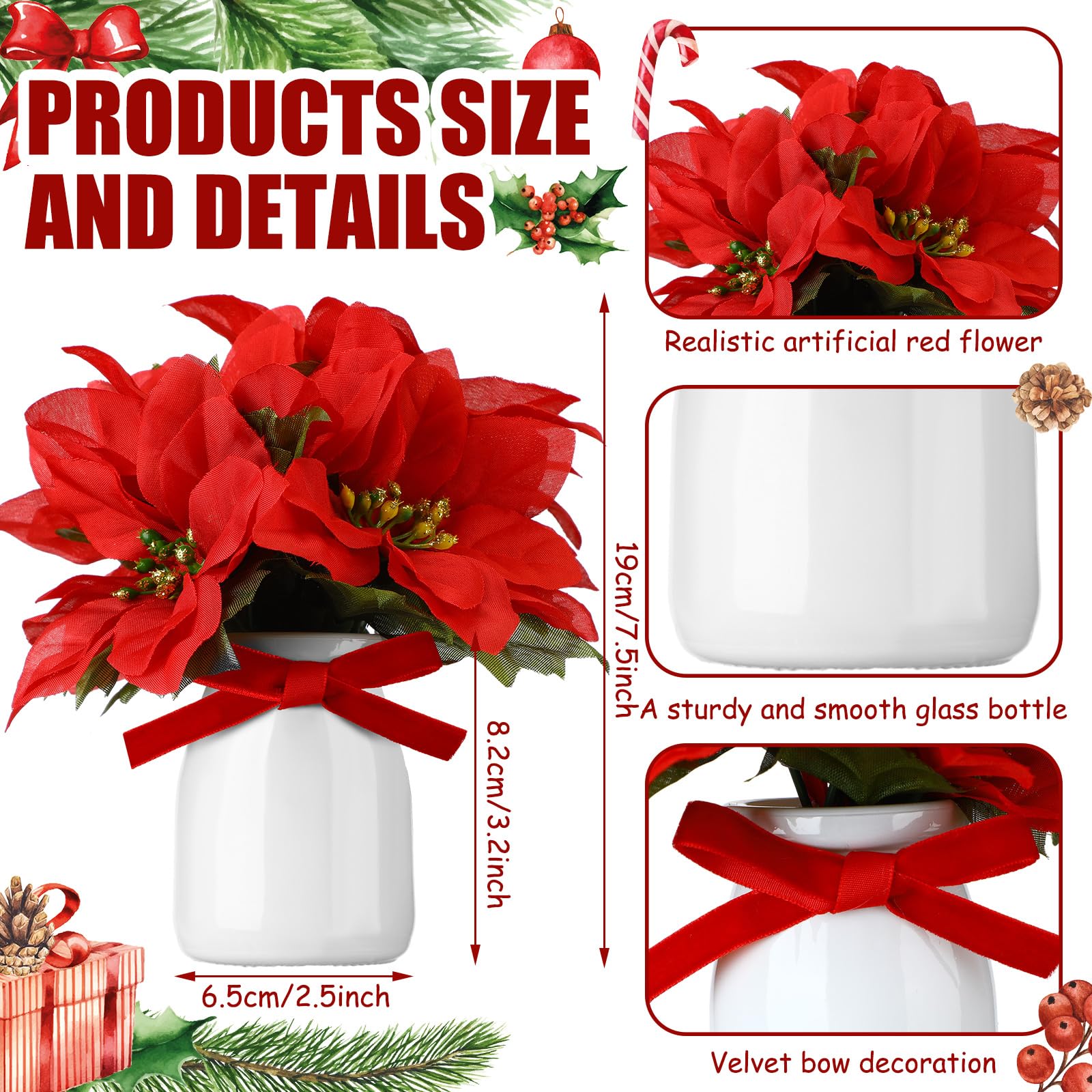 Daifunli Künstliche Weihnachtssternsträucher mit Vase, roter Weihnachtsstern, künstliche Weihnachtsstern, Weihnachtsdekoration, künstlicher Weihnachtsstern, Blumenstrauß für Weihnachten, Party,