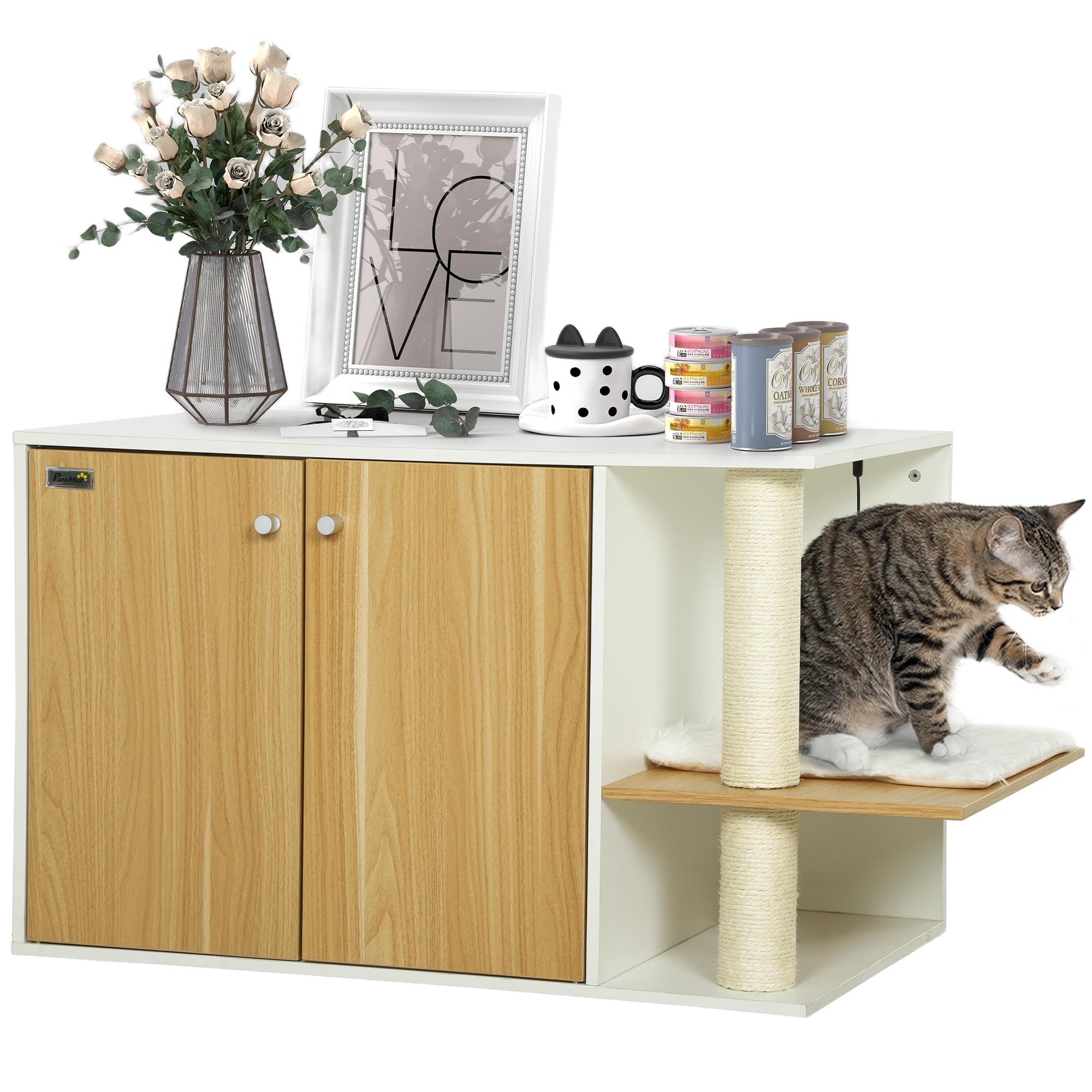PawHut Mueble Arenero para Gatos 3 en 1 Nido Mesa Auxiliar Caja de Arena para Gatos con Puertas Cojín Poste para Rascar y Centro de Juegos para Salón Dormitorio 94x48x50,5 cm Roble y Blanco