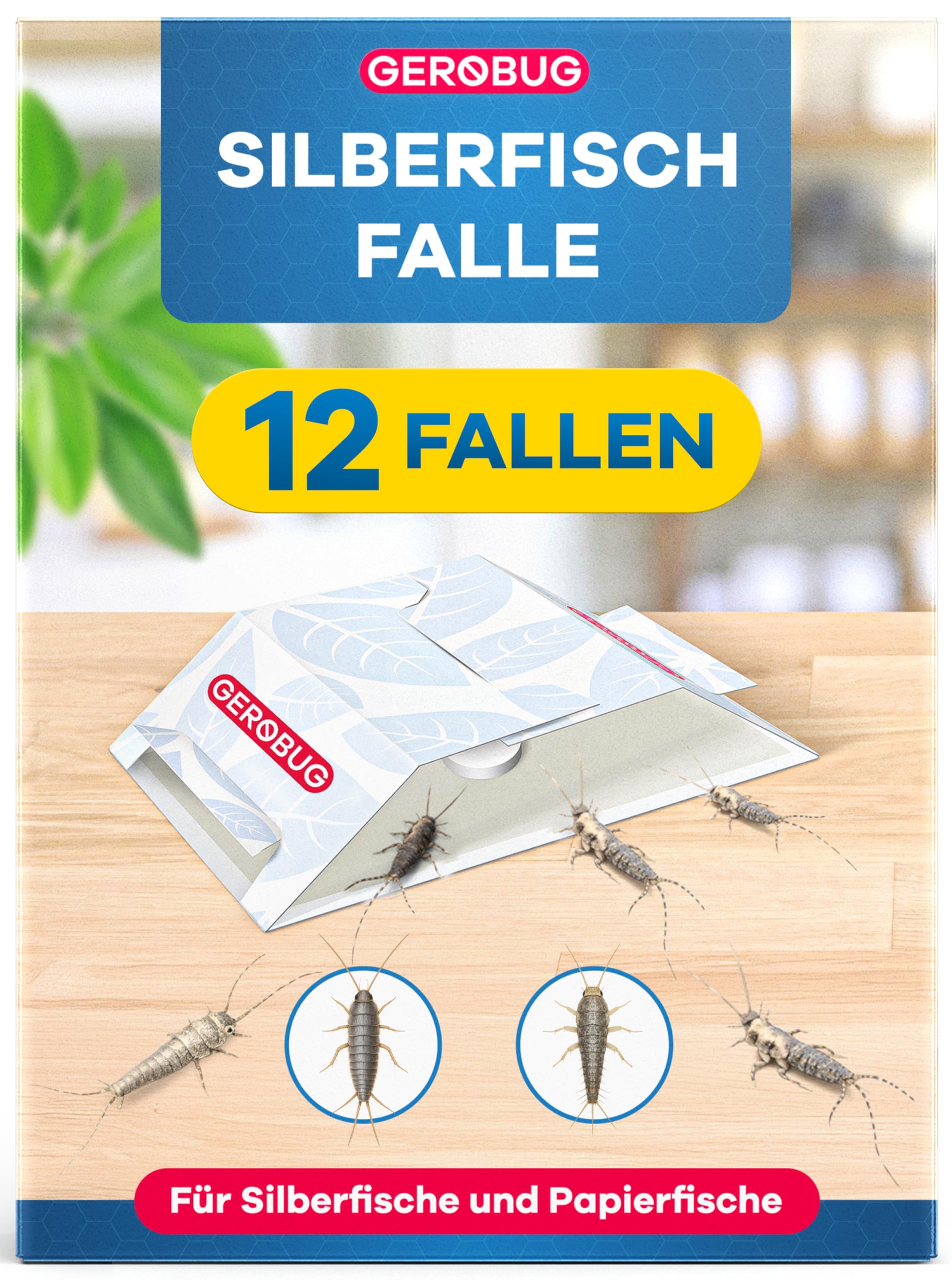 Gerobug Silberfischfalle 12 Stück mit giftfreiem Lockmittel in Allen Wohnräumen - Bonus-Guide zum Silberfische bekämpfen auch bei Spinnen- & Kakerlaken - Alternative zu Silberfisch Köderdose
