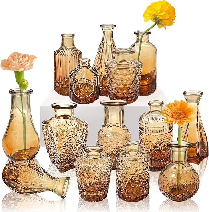 14 Pcs Amber Glass Bud Vase Set,Small Brown Vases,Mini