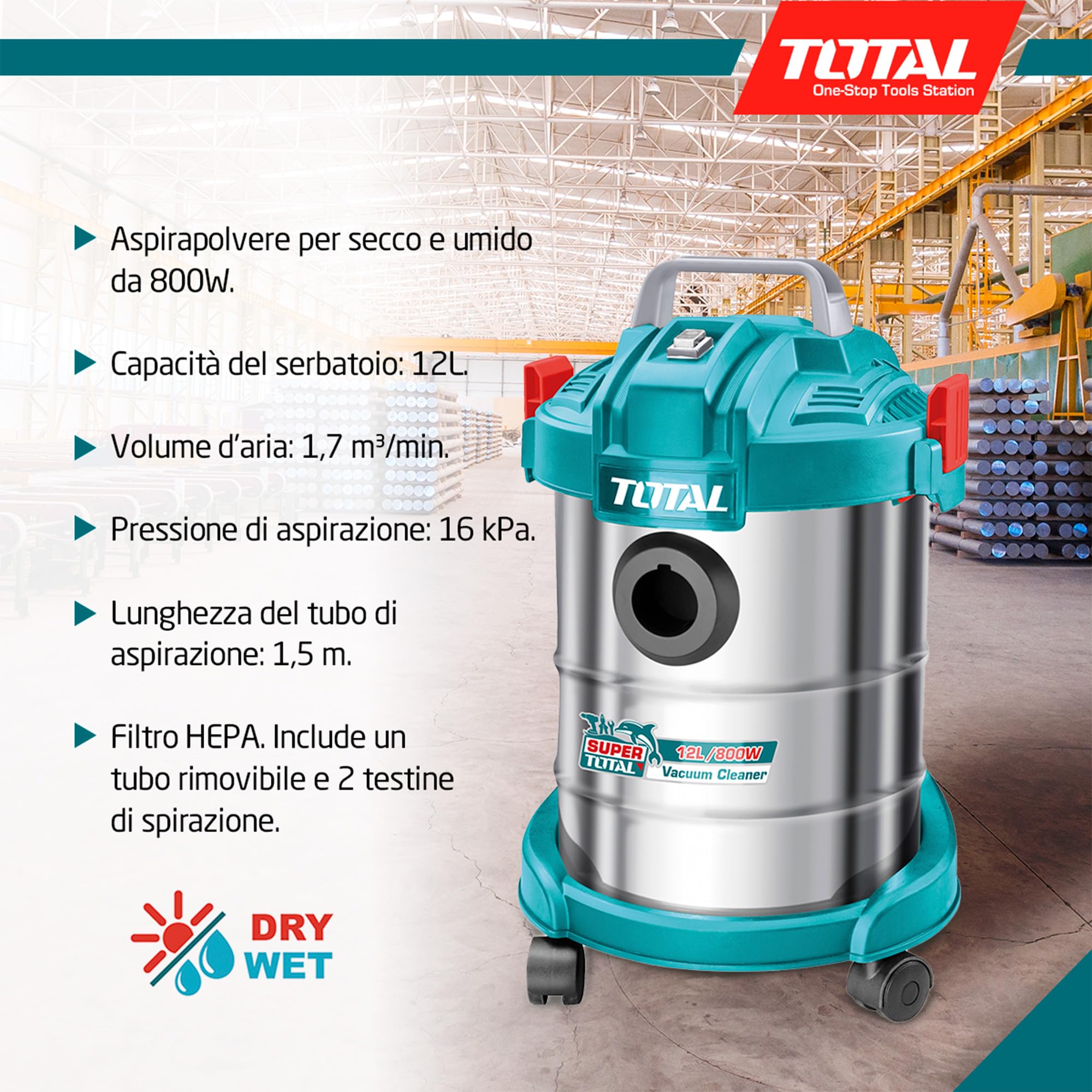 TOTAL - Aspirapolvere | Pulizia profonda a secco e a umido | Alta potenza: 800W | Compatto e facile da usare | Capacità: 12L | Include tubo rimovibile e 2 testine | 31 x 31 x 43