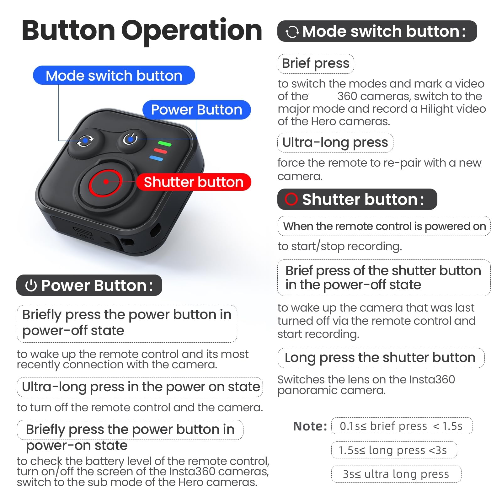 Telecomando intelligente Blue-tooth per Insta360 X5/X4/X3/Go 3S/ACE pro 2/ACE Pro/ONE X2, raggio di 50 m, con cinturino da polso per vlogging, durata della batteria 96 ore
