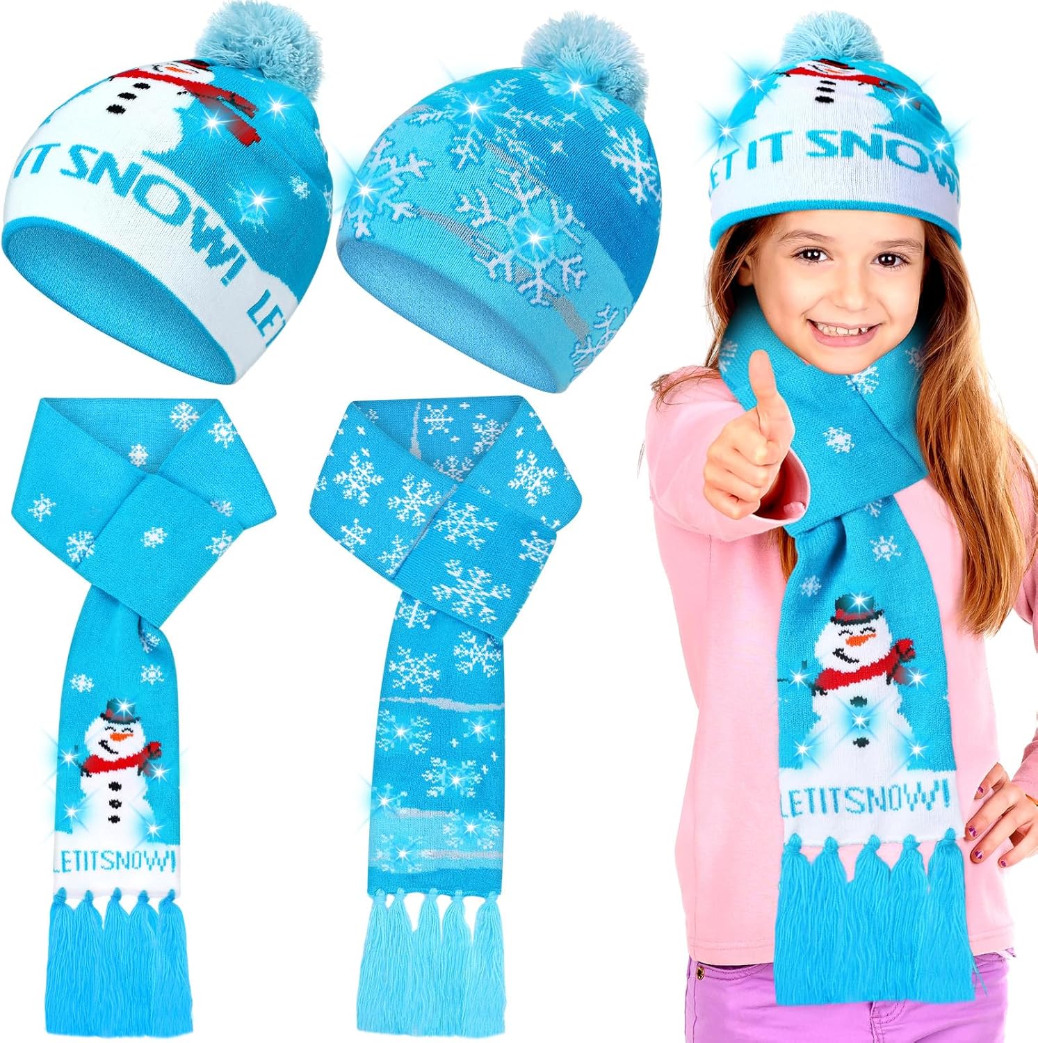 Kigeli 4 Pack Christmas Hat and Scarf Set LED Light up Christmas Scarf and Beanie Knitted for Adult Women Men Holiday Party