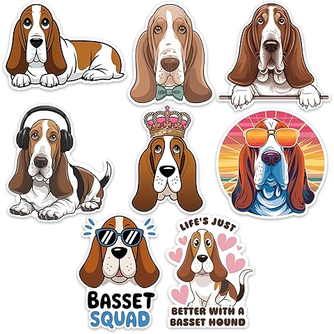 Basset Hound Dog Sticker 8 Pcs (Large Size) Vinyl Stickers Laptop Waterproof Decal for Car Bumper Water Bottle Window Funny Party Birthday Decorations - Size 4 Inches