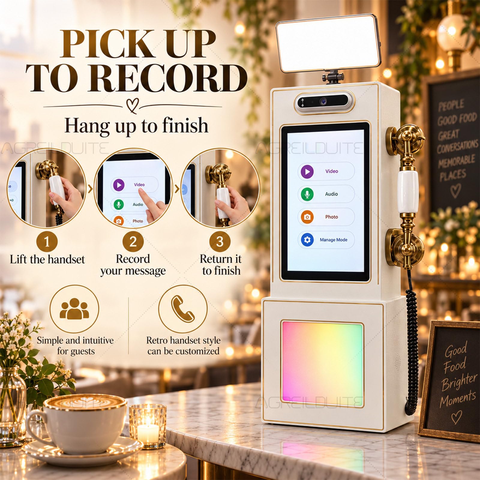 Téléphone Livre d'or Mariage, téléphone Vintage Livre d'or Audio et vidéo avec lumière LED & Interface multilingue, Pose sur Table ou Murale, Messages vidéo pour Location d'événements