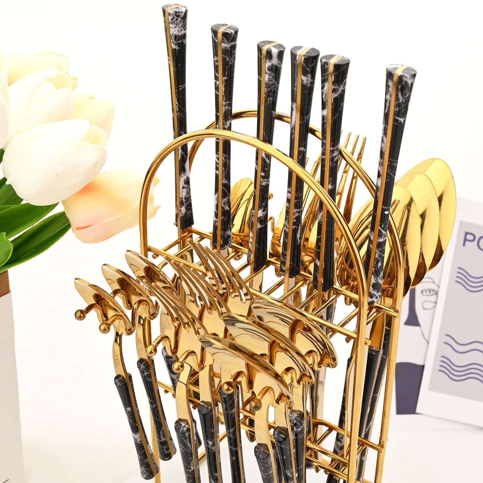 Besteck-Set mit Kunstkeramikgriff, Edelstahl-Küchenbesteck-Set mit Organizer, 24-teiliges Besteck (Color : 24Pcs Black Gold-Box) (24pcs Black Silv)
