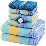 SEMAXE Bath Towel Set of 8 Include 2 Bath Towels, 2 Hand Towels, 4 Washcloths, 100% Cotton Bathroom Towels with Hanging Loops and Nano-Bio Lifecycle Labels,Colorful Towel - The Starry Night Collection