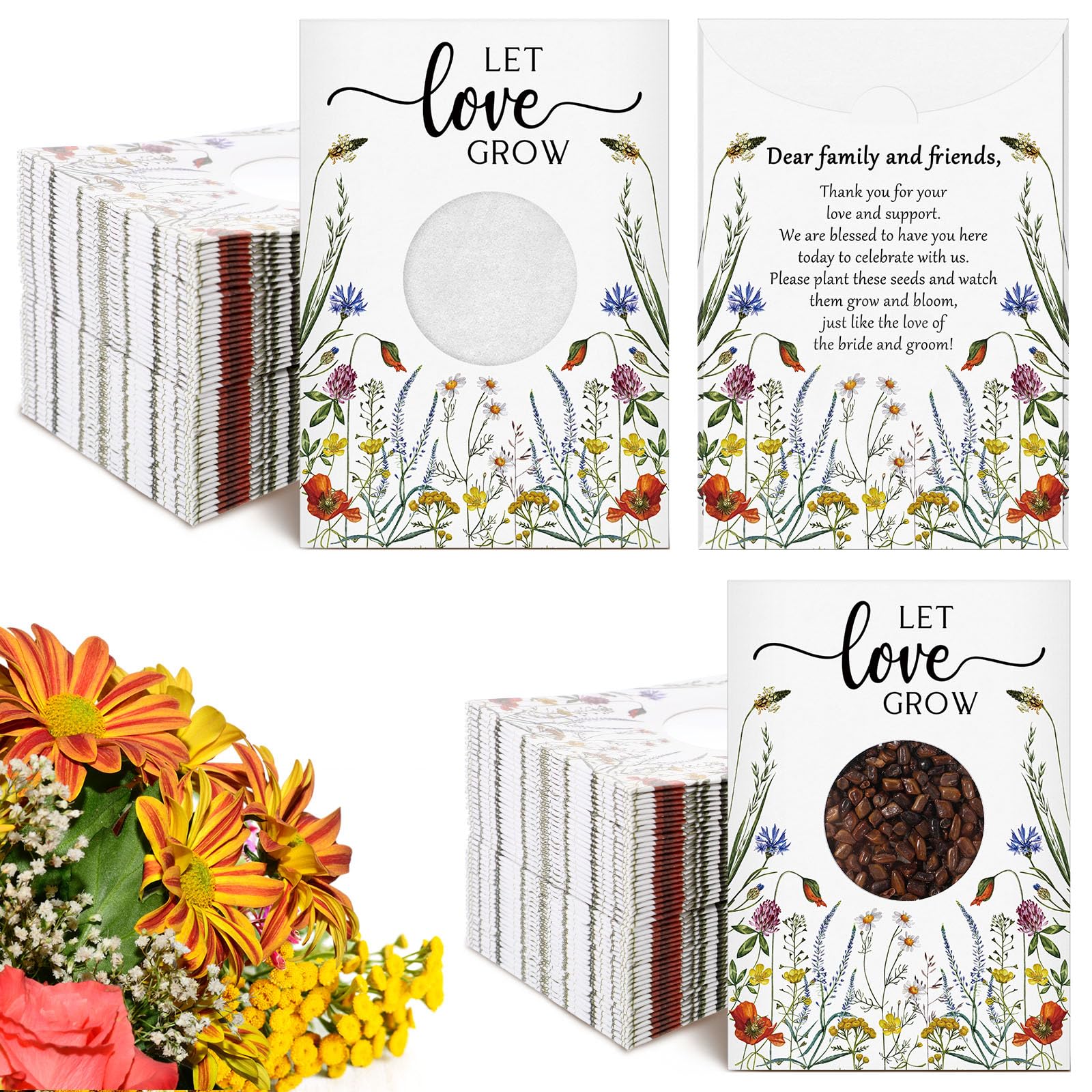 Fumete 100 Pcs Let Love Grow Seed Packets Wedding Favor for Guests Bulk Envelope Kraft Bag with Window Flower Resealable Seed Storage Packets for Wedding Party Favors Bridal Shower