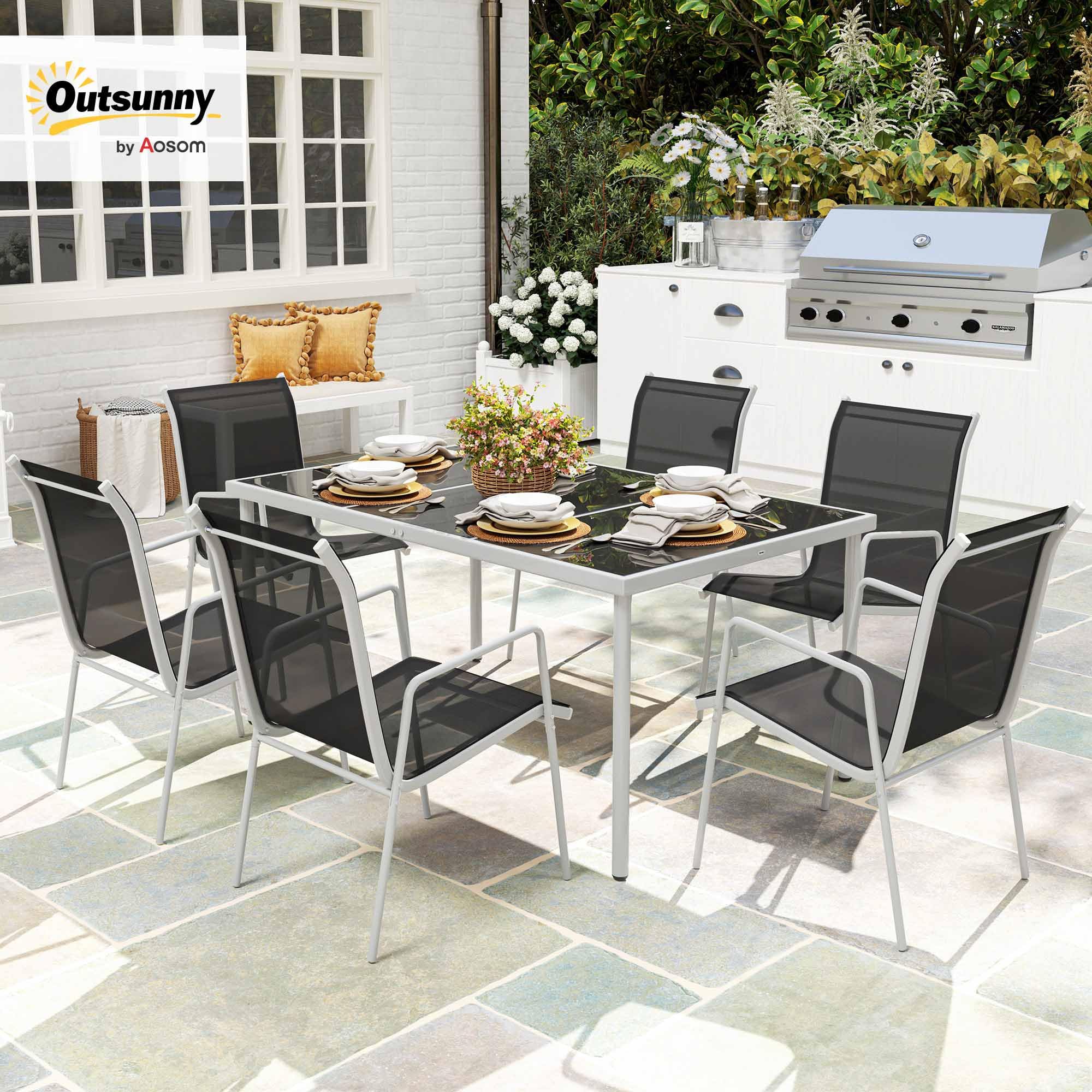 Outsunny Conjunto de Comedor de Exterior Juego de Comedor de Jardín de 7 Piezas con 1 Mesa 6 Sillas Apilables y Marco de Acero para Terraza Patio Negro