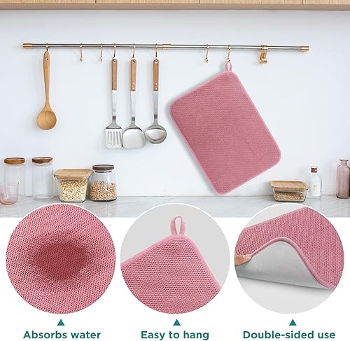 Miniatura 3 de Tapete de microfibra para secar platos, almohadilla de secado de platos de cocina súper absorbente, reversible para encimera, 12 x 16 pulgadas, rosa