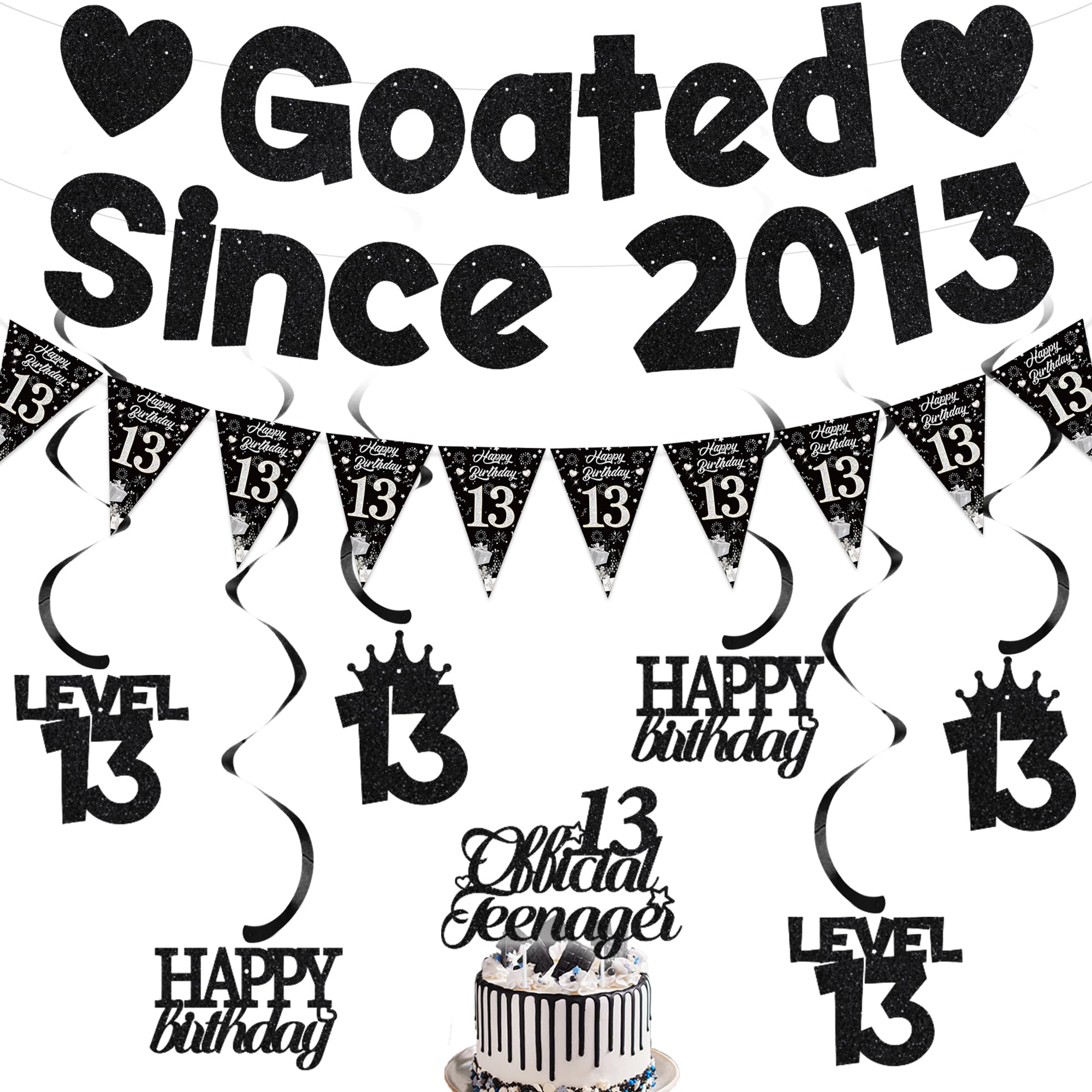 Goated Since 2013 13th Birthday Decorations - Happy 13th Bday Anniversary Banners Decor Set for Boy Girl, 13 Year Old Party with Triangular Bunting Cake Topper Hanging Swirls (Black)