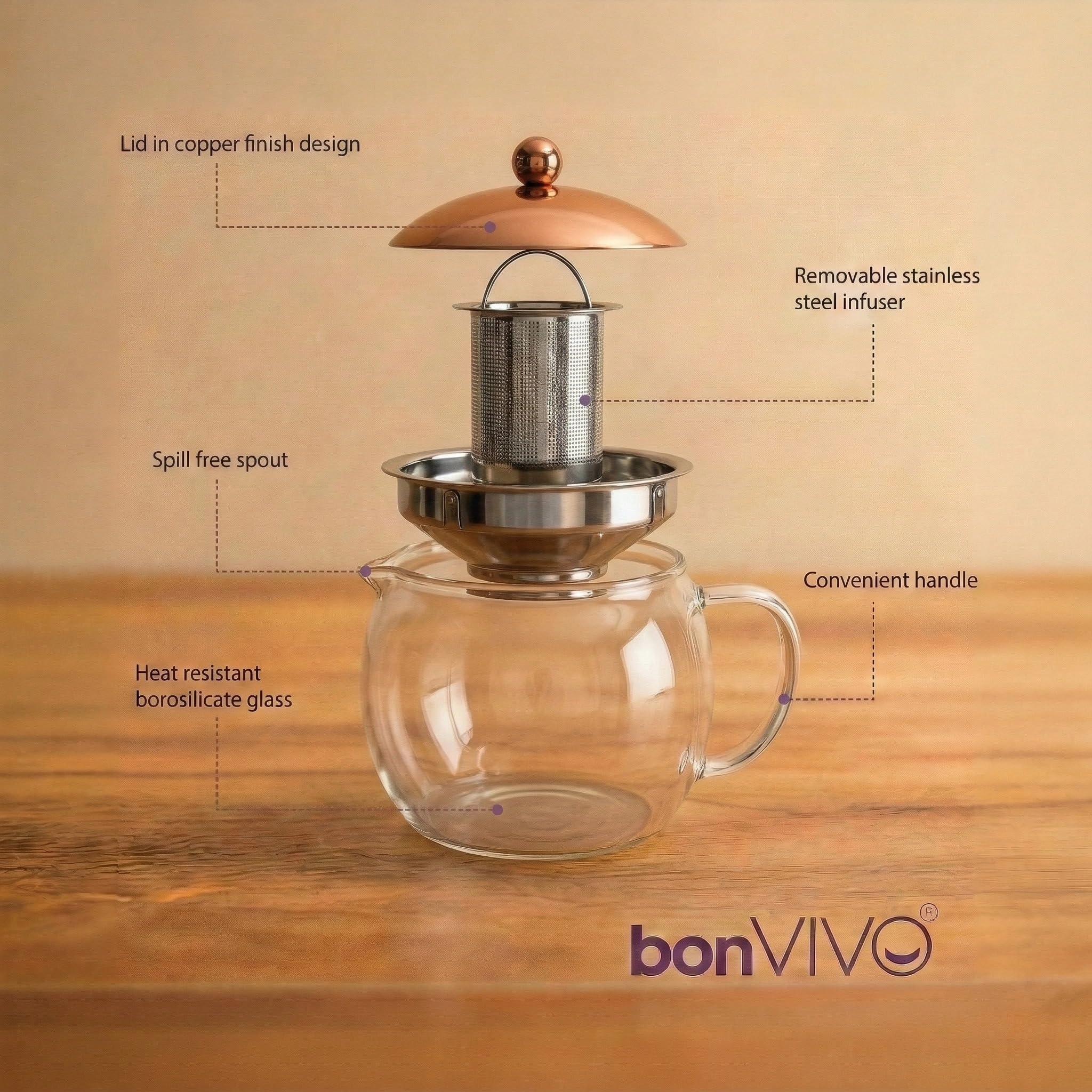 bonVIVO Tempa – Teiera in Vetro Borosilicato da 1.5L con Infusore in Acciaio Inox, Tisaniera e Infusiera Trasparente per Tè in Foglie e Fiori, Design Elegante e Moderno