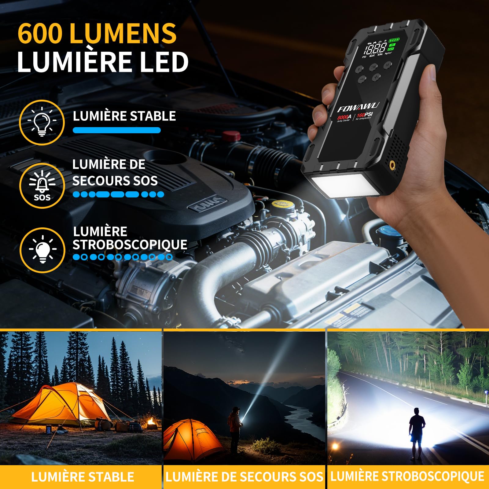 FOWAWU Booster Batterie Voiture avec Gonfleur 10-en-1, Démarreur de Batterie 8000A 26800mAh(All d'essence / 10 L Diesel), Gonfleur Pneus Voiture 160psi Arrêt Automatique, Mode Forcé à Basse Tension