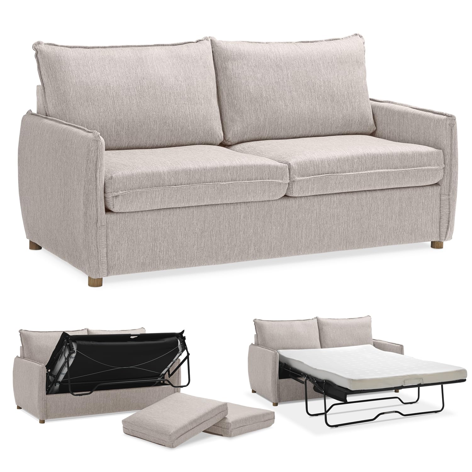 EVERGREENWEB - Divano Letto a 2 Posti con Materasso Memory 140x190, Sofà Soggiorno con Piedi in Legno Design Moderno, Struttura Rinforzata Pieghevole, Tessuto Beige Antimacchia, Cuscini Estraibili
