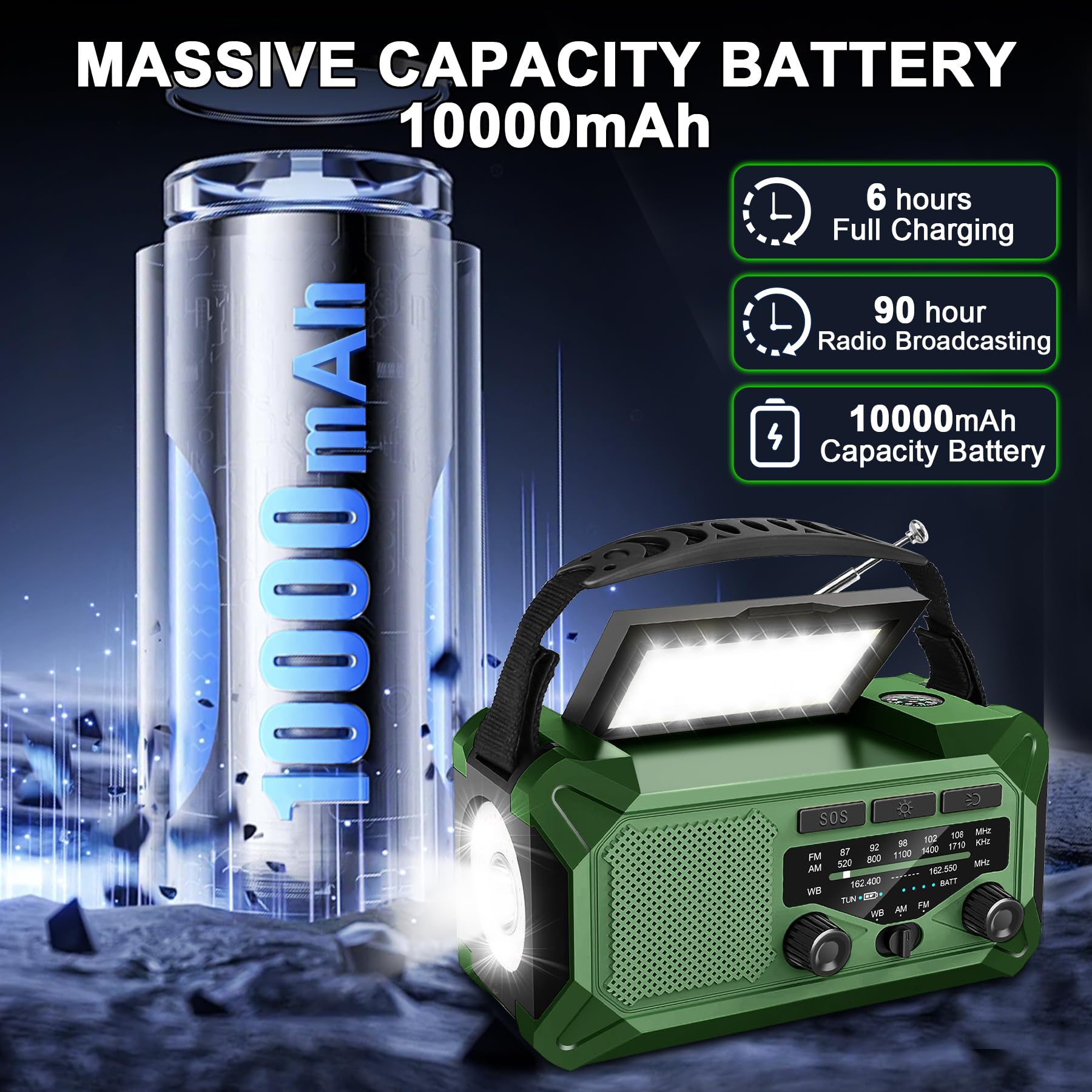 Radio meteorologica di emergenza 10000 mAh 37000 mWh NOAA/AM/FM solare a manovella con torcia, caricatore telefono, bussola, lampada da lettura