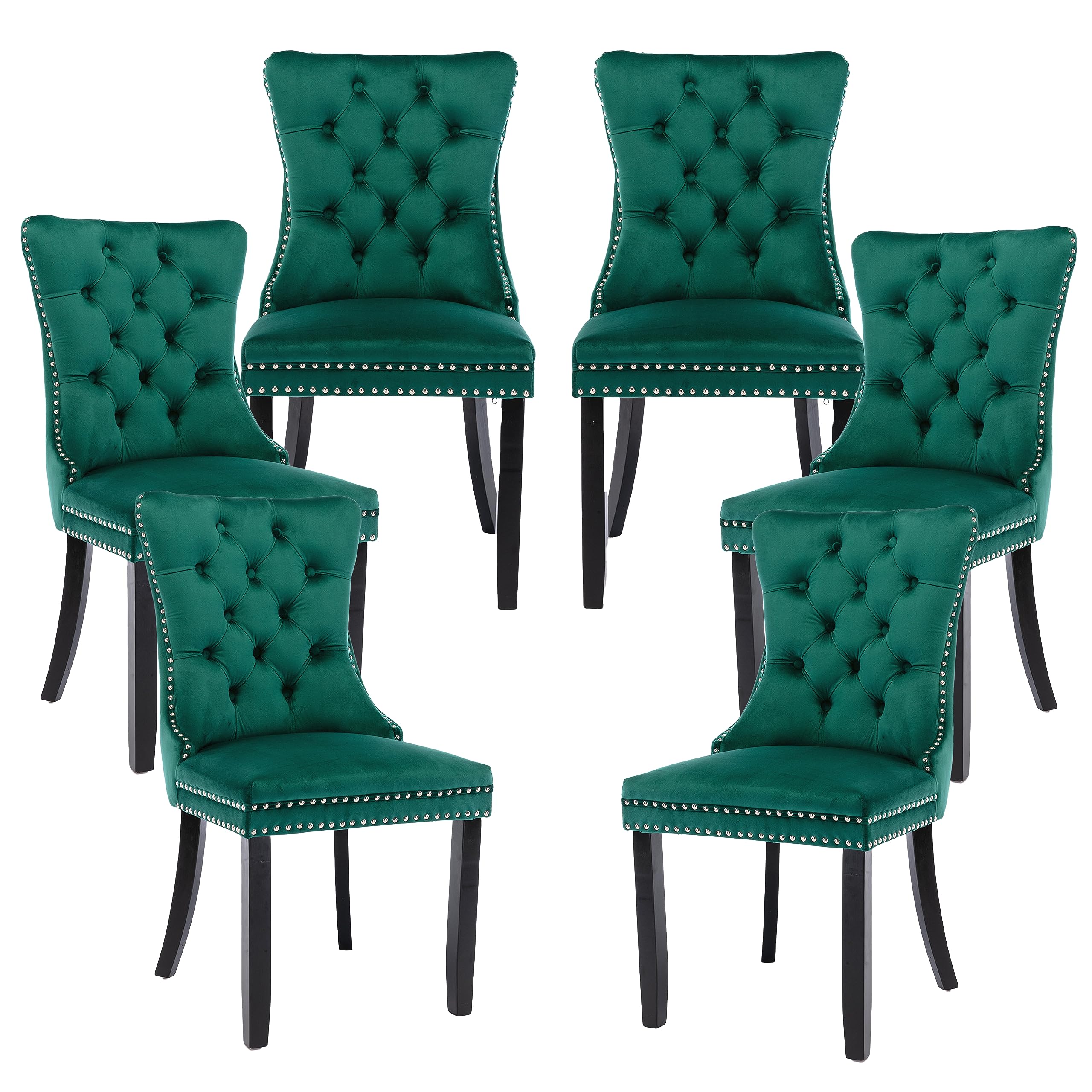 LKTART Dining Chairs Set of 6 Velvet Upholstered Tufted Back with Nailhead Trim and Back Ring Pull Solid Wood Legs for Kitchen Bedroom Dining Room