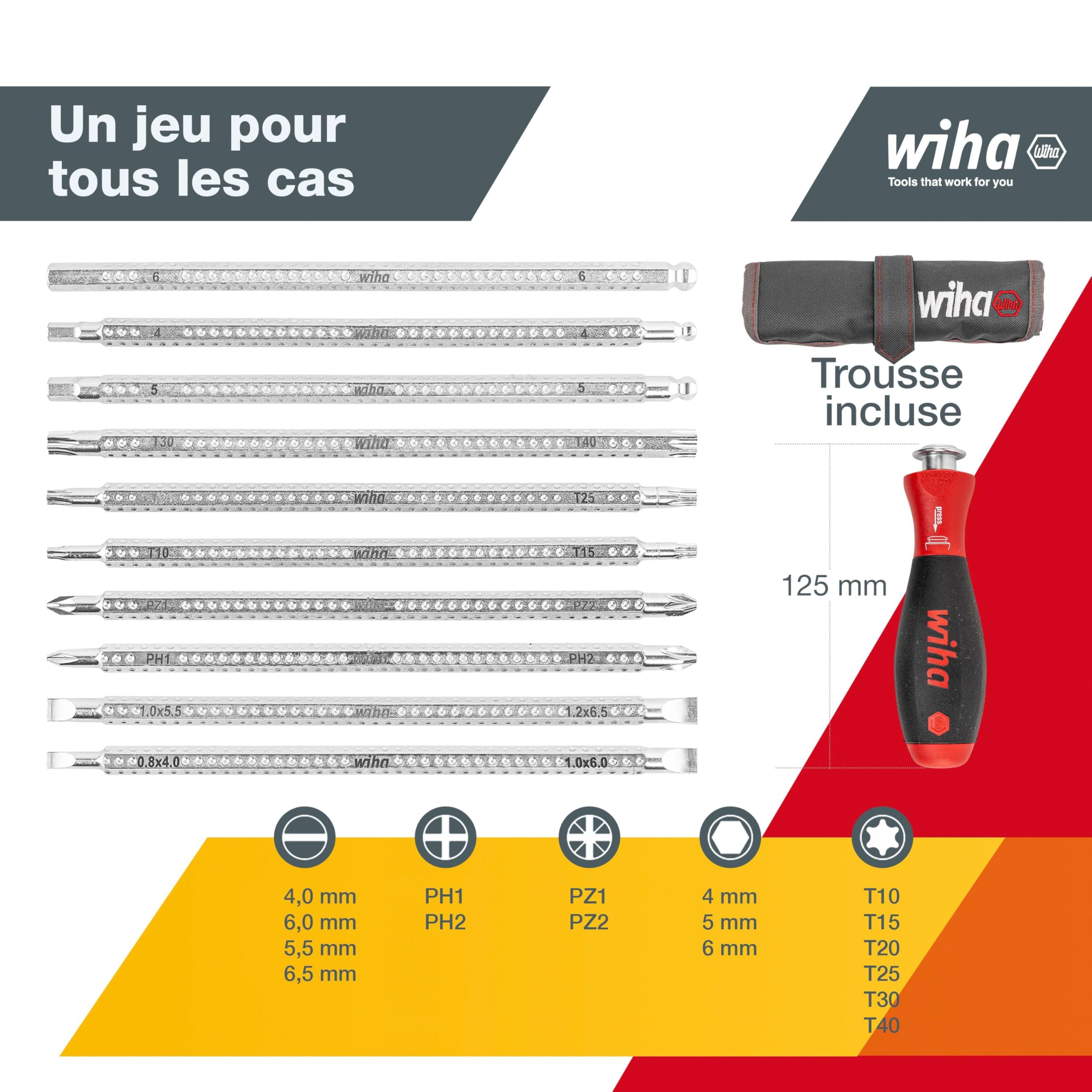 Wiha 3591 Lot de 11 Tournevis à fente/cruciforme/réversible | (03591) For recessed screws, hex, Phillips, TORX, slotted incl. roll-up pouch I screwdriver set