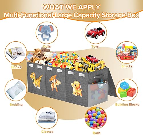 Miniatura 6 de Caja de juguetes extra grande, plegable, resistente, organizadora de juguetes, cestas de dinosaurios con tapas para niños y niñas, sala de estar,