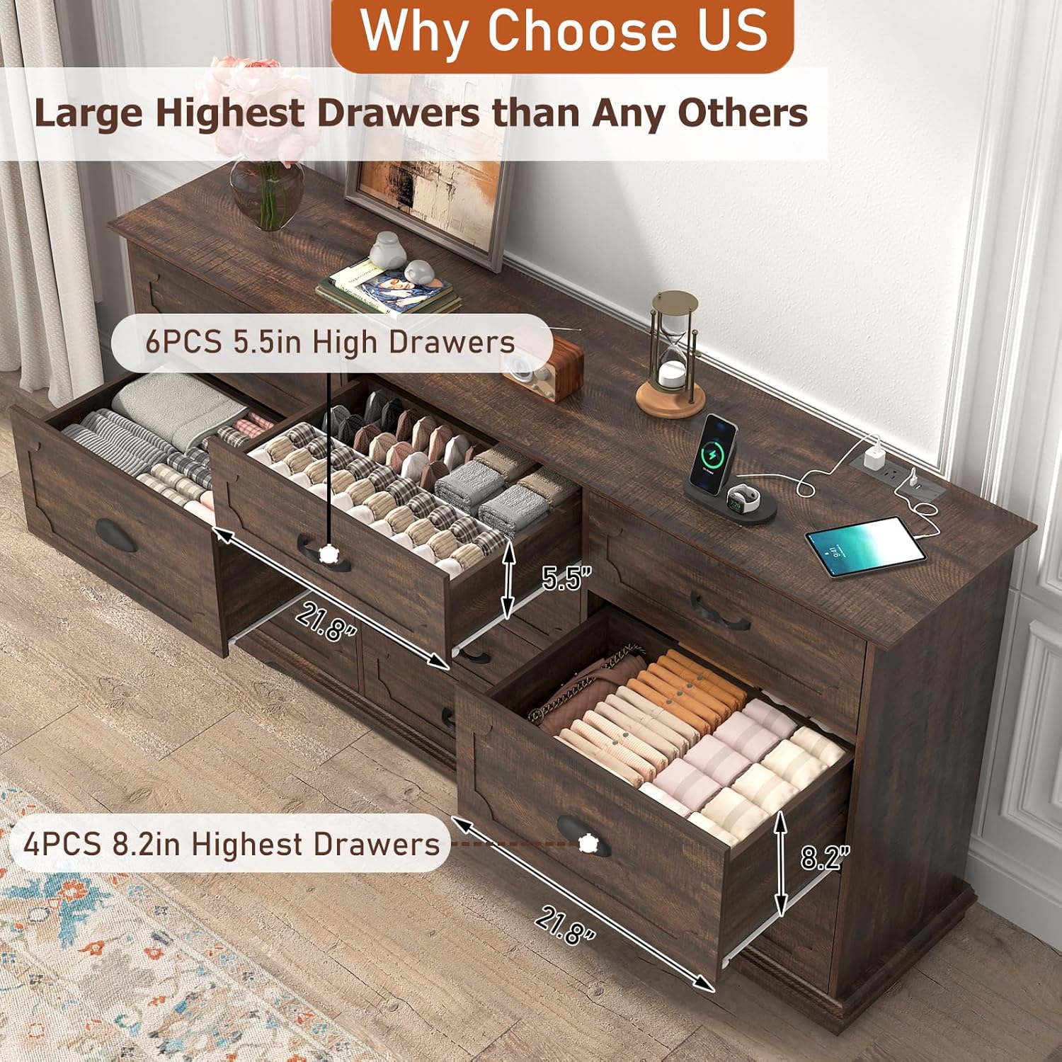 Dresser with deep and standard drawers open, showing storage capacity