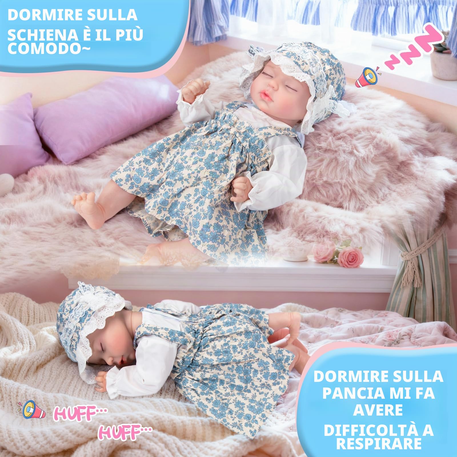 JONRRYIN Bambole Reborn con Sensore di Gravità, 43cm Bambole Reborn Interattive per Bambine, che Respirano, Piangono e Ridono, Ideali dai 3 Anni in su (Blu)