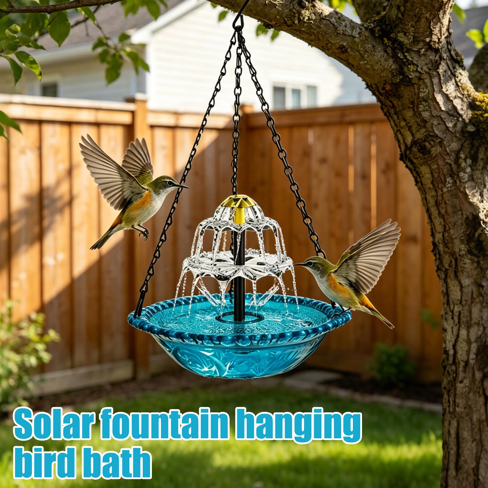 Bain d'oiseaux suspendu avec fontaine solaire, bain d'oiseaux à 3 niveaux avec eau courante, bain d'oiseaux solaire pour jardin, balcon, terrasse, bleu, chaînes en métal pour décoration et soin des