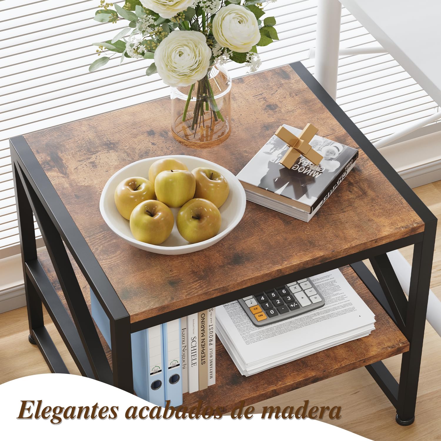 Beistelltisch Wohnzimmer 50x50 cm, Couchtisch mit 2 Ebenen bis 90 kg belastbar, Industrie-Design Sofatisch mit Metallgestell, Vielseitiger Mini Kühlschrank Ständer Aquariumständer Druckertisch, Braun