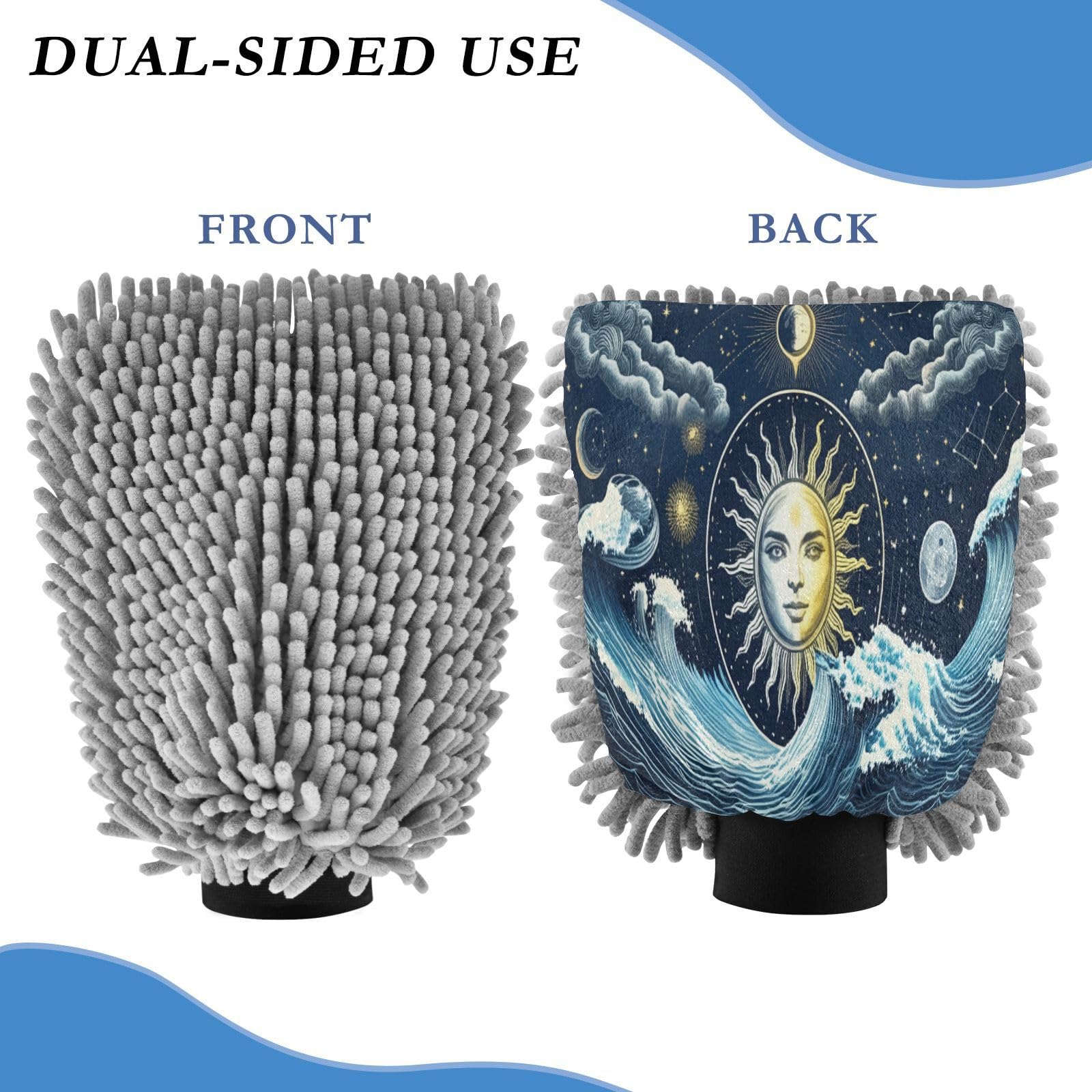 Kigai Sun Moon Celestial Body Pattern Car Wash Mitt Microfiber, 2Pcs Scratch Free Lint-Free, Premium Chenille Microfiber Mitt Car Wash Brush-L