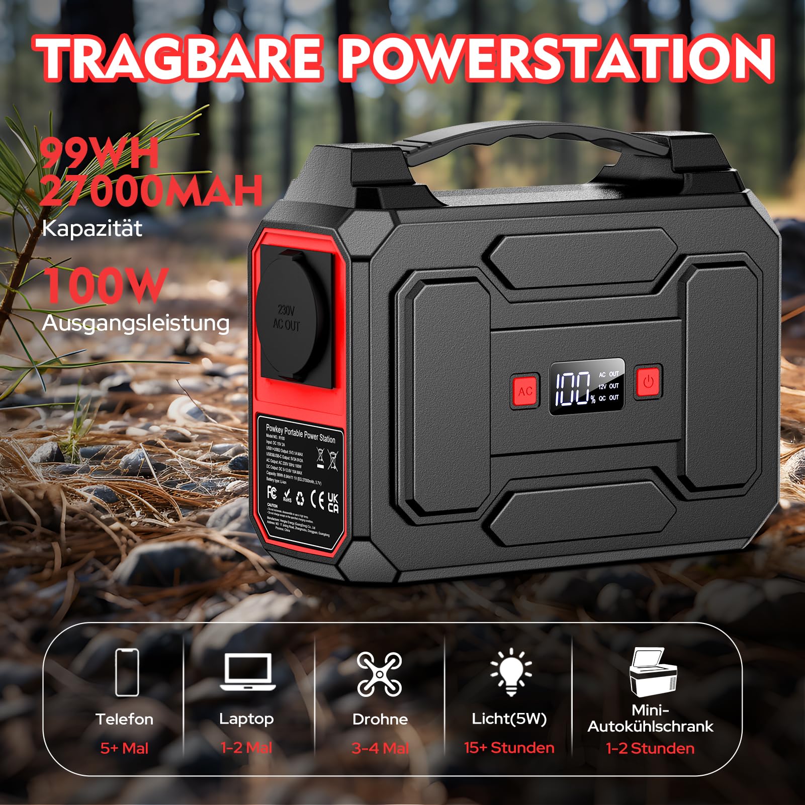 Powkey Tragbare Powerstation 99Wh/27000mAh Tragbares Kraftwerk 100W Solargenerator mit 230V AC Ausgang/QC 3.0 18W USB/Typ-C für Camping Wohnmobile powerbank mit steckdose