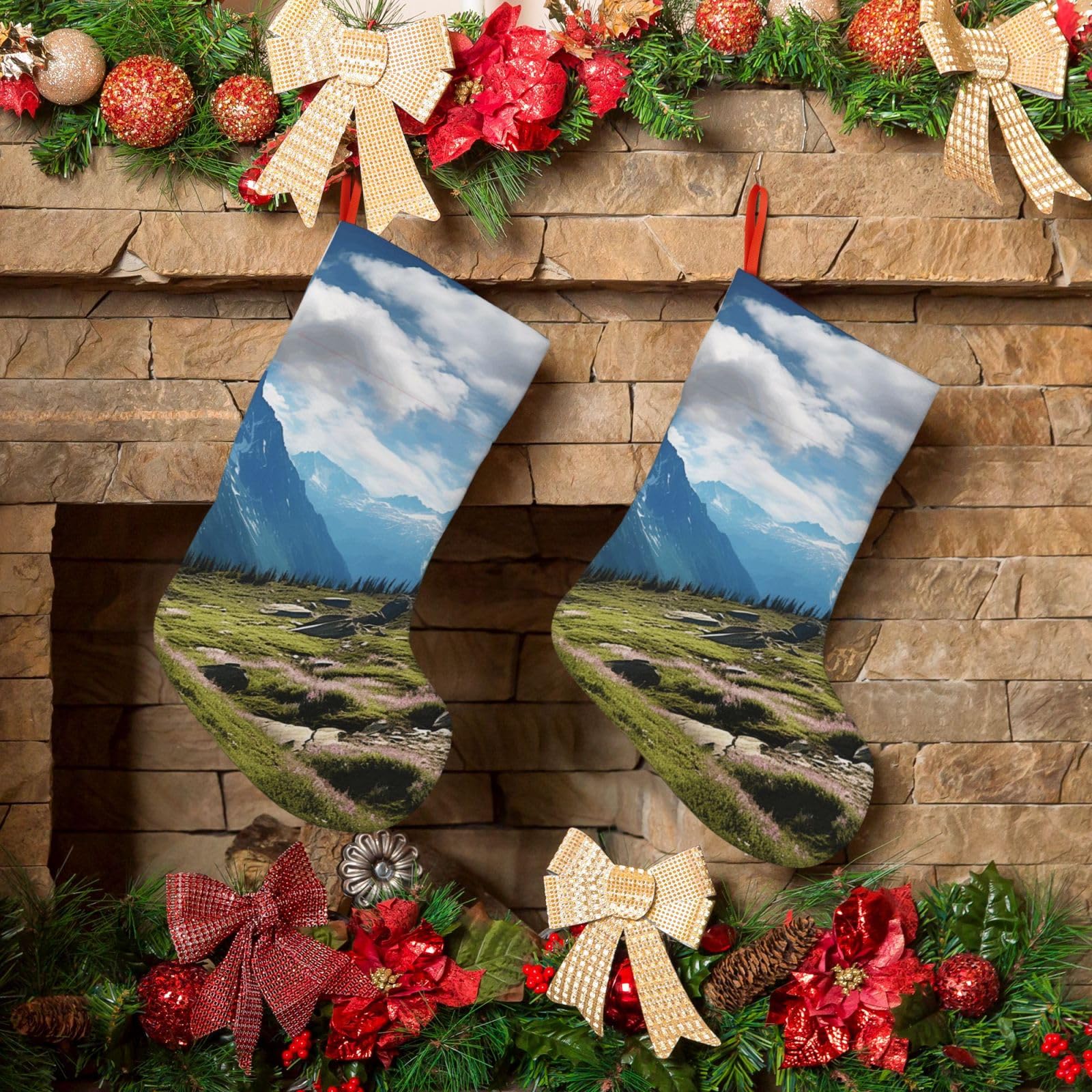 Mountains Christmas Stockings 18 Inches Velvet Xmas Fireplace Hanging Stocking Rustic Christmas Santa Stockings for Home Christmas Decorations Party Favor Supplies