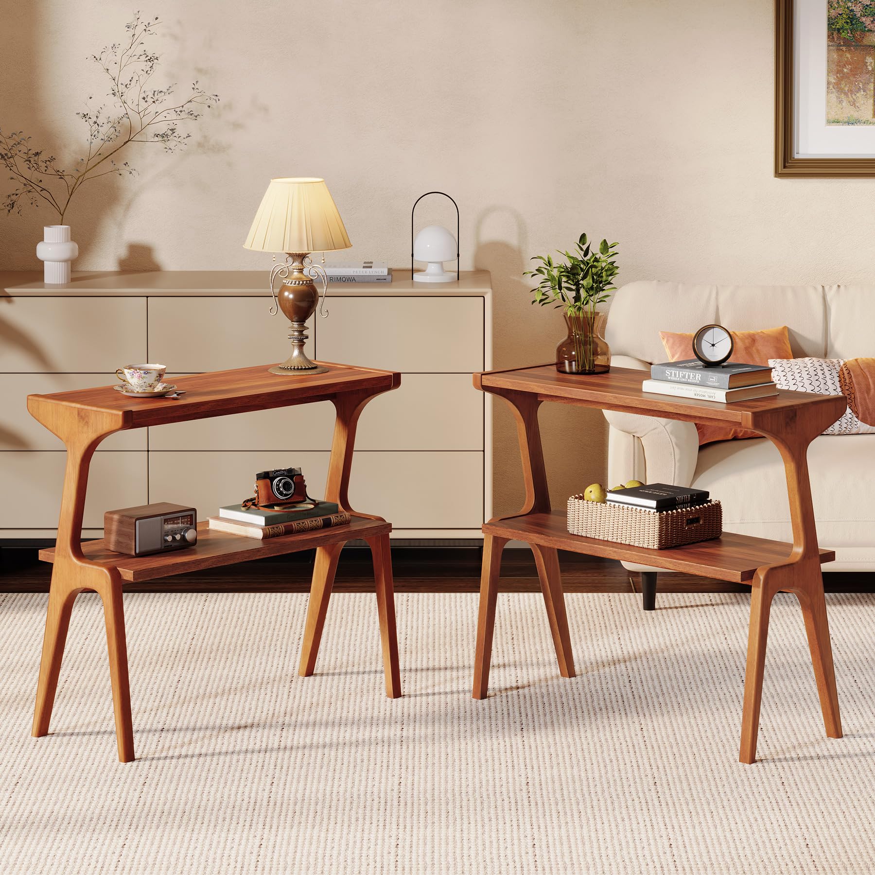 TRIBEWOOD Solid Wood End Table, 2-Tier Side Table with Storage Shelf, Wooden Modern Accent Slim Bedside Table for Sofa, Living Room, Bedroom, Small Space, Easy Assembly, Cherry (2)
