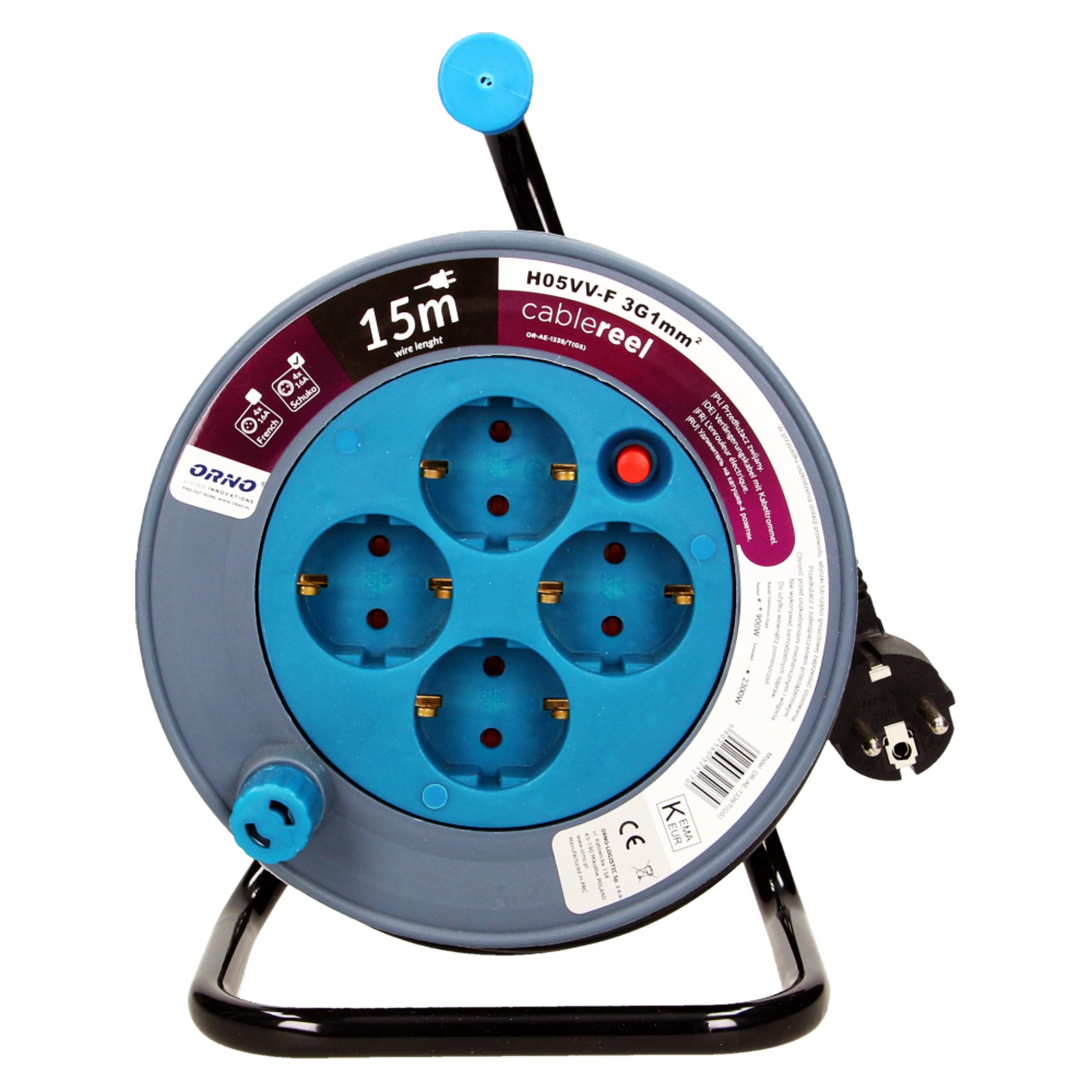 Orno AE-1339 mini bęben kablowy, 15 m, z 4 gniazdami, metalowy stojak i zabezpieczenie termiczne, 2300 W/10 A, 230 V~, 50 Hz || 18 x 24,5 x 14 cm (niebieski)