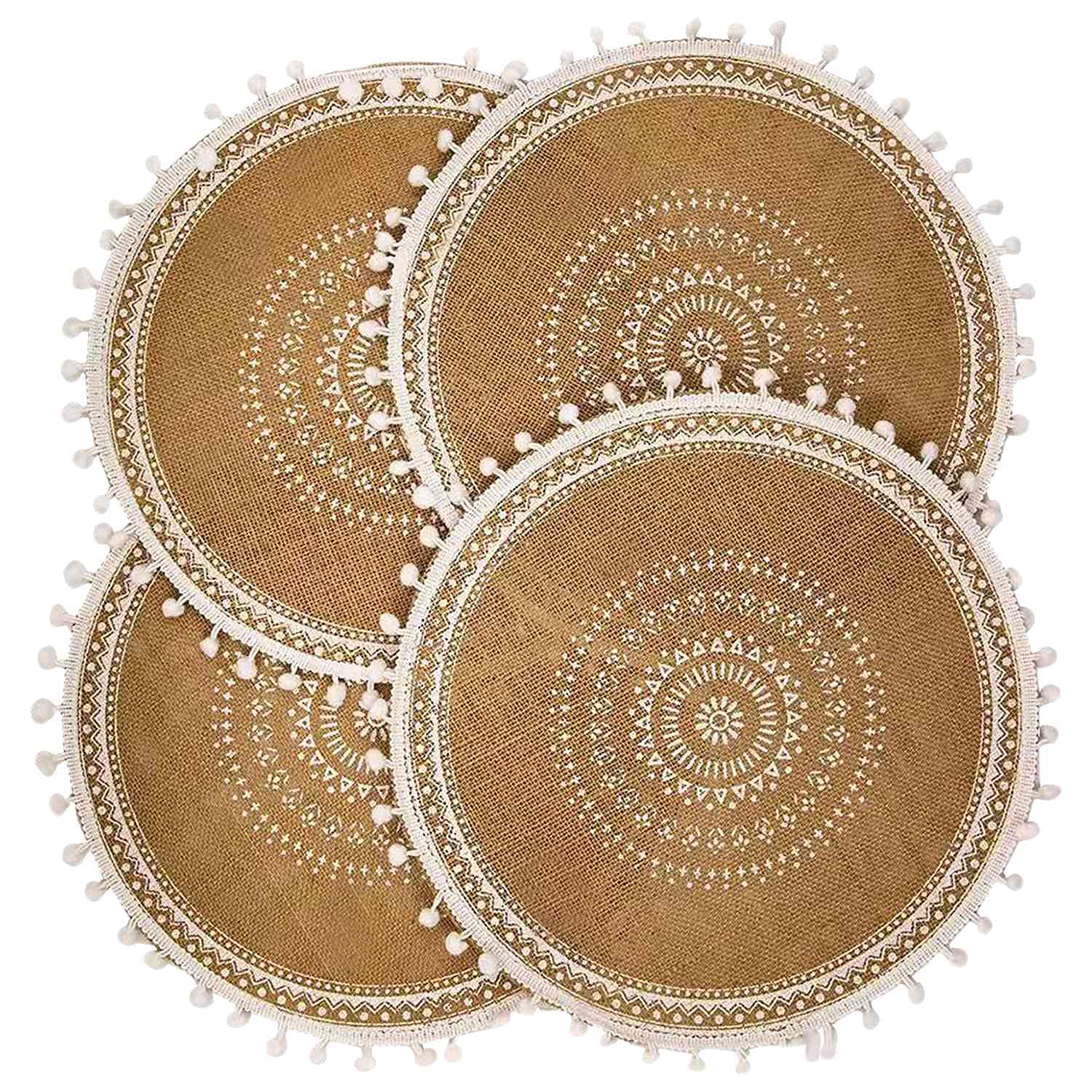 CTRLZS Round Placemats Set of 4,Boho Woven Jute Table Mats with Pompom Tassel for Dining Room Kitchen Table Decor(White Ball)