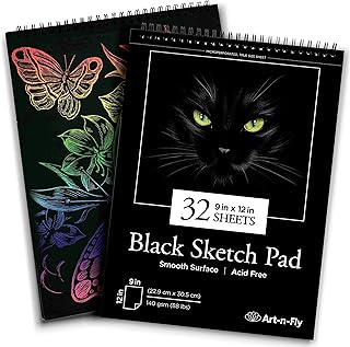 Art-N-Fly 32 Sheets Black Sketch Pad 9x12" - Black Sketchbook Drawing Paper, Perforated Edge on Spiral Bound 88 LB - Art Black Sketch Book for Colored Pencils, Graphite, Charcoal, Pastels & Gel Pens
