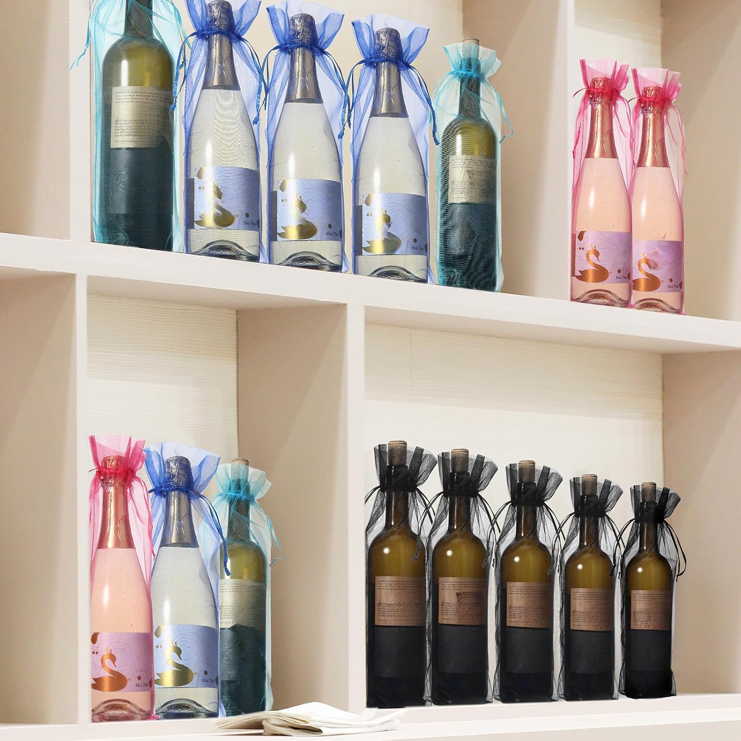 Nuogo 70 Pcs Sheer Organza Wine Bags 14.6 x 5.5 Pouches Sheer Mesh Wine Gift Pouches Reusable Bottle Wrap Bottle Covers Drawstring Gift Wrap Bags Dresses for Wedding Baby Shower - Image 7