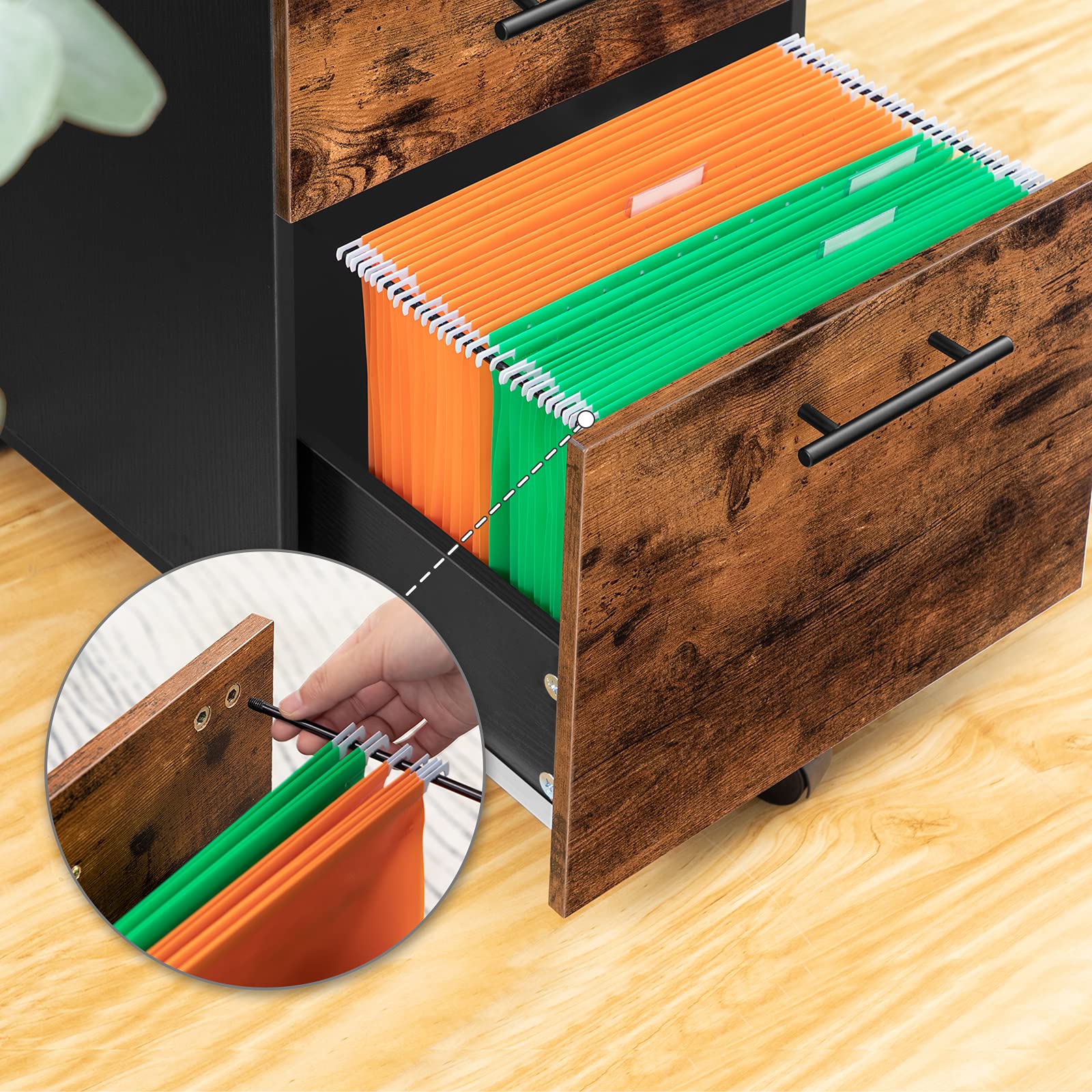HOOBRO Rollcontainer, Rollen Aktenschrank mit 3 Schubladen, mobiler Büroschrank mit hängenden Aktenfächern, Büro, Dunkelbraun und Schwarz EBF02WJ01G1