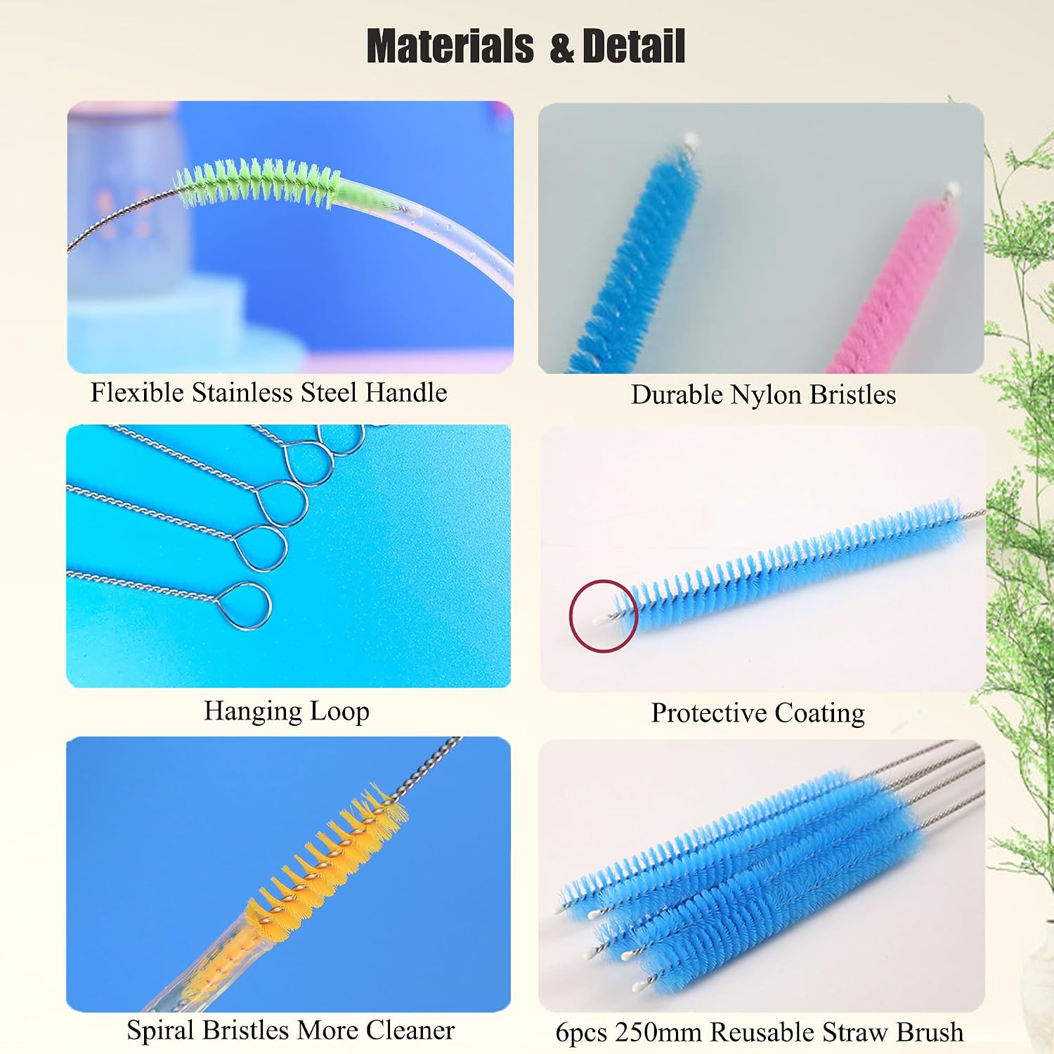 Multipurpose Small Cleaning Brush Pink for Cleaning Straws, Sippy Cups, Water Bottles, Nozzle, Teapot, Narrow Corner Area, Set of 6, Diameter 10 x Length 250 mm / 0.4 x 10 Inch image 3