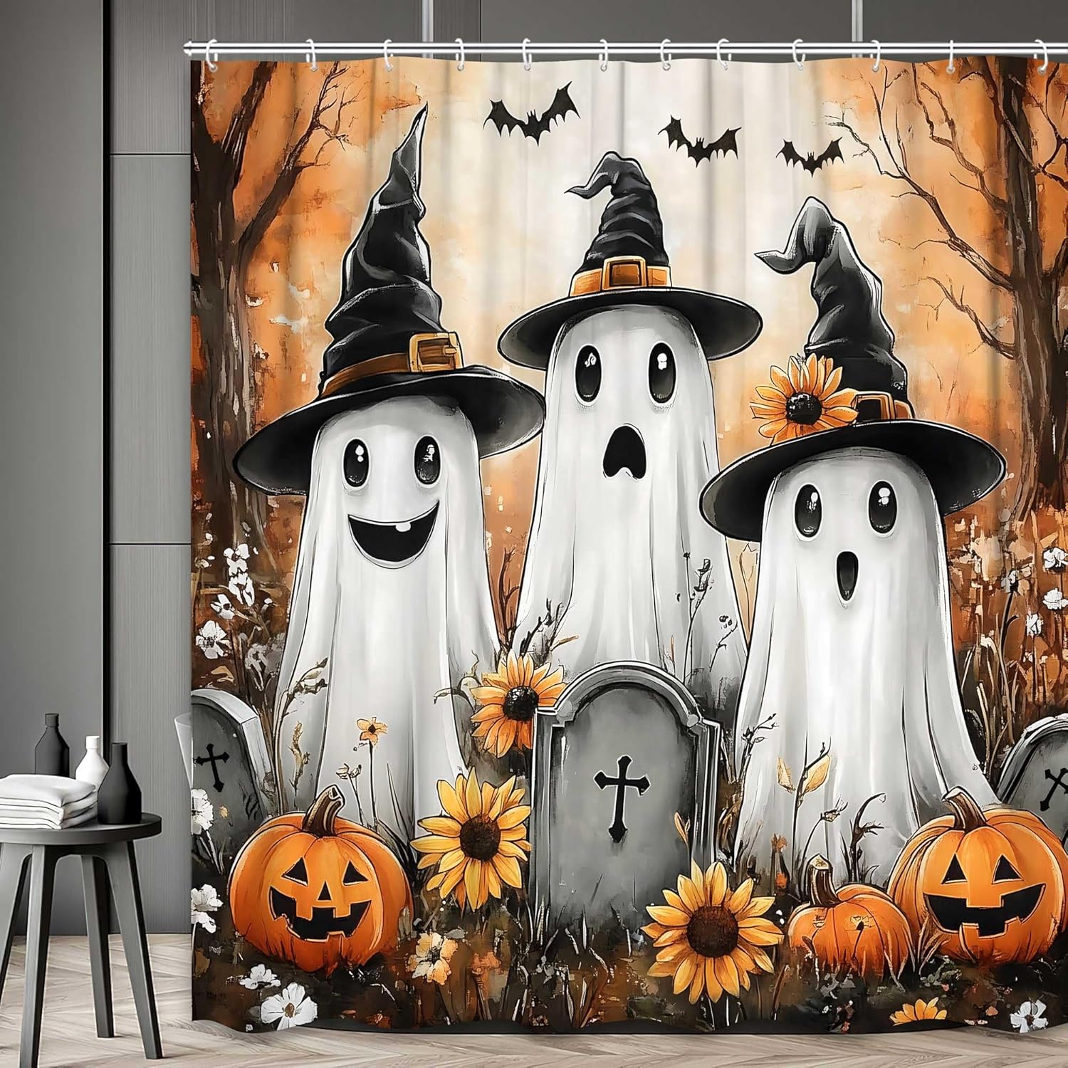 Halloween Shower Curtain Cute Funny Ghost Pumpkin in Flower Shower Curtains Fall Rustic Watercolor Autumn Bathroom Bathtubs Decor Set with Hooks 69x75 Inch
