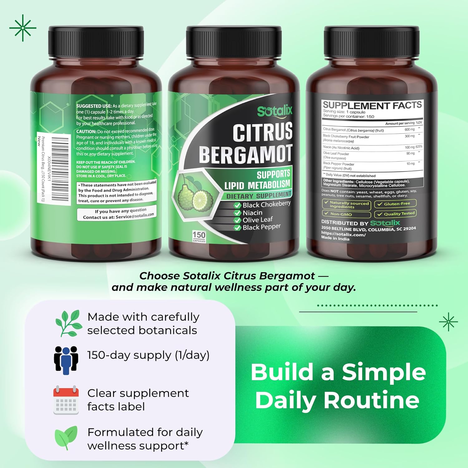 Premium Citrus Bergamot Organic Bergamot Supplement with Niacin Black Chokeberry Olive Leaf Black Pepper - Heart & Circulatory Function Support 150-day Support (150 Count (Pack 1)) - Image 9