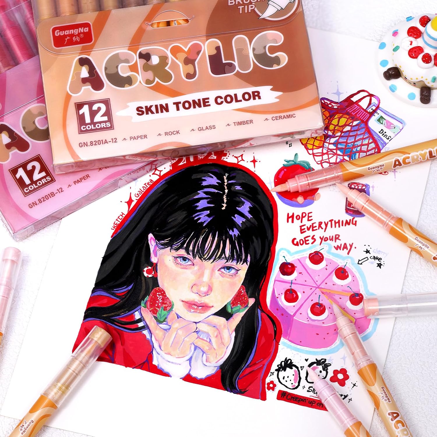 kander Guangna Acrylic Paint Markers 12 Colors, Skin Tone Series Set with Soft Brush Tip Water Based, Fine Tip Markers for Wood, Canvas, Rock Painting, Glass, Diy Crafts, Fabric Paint