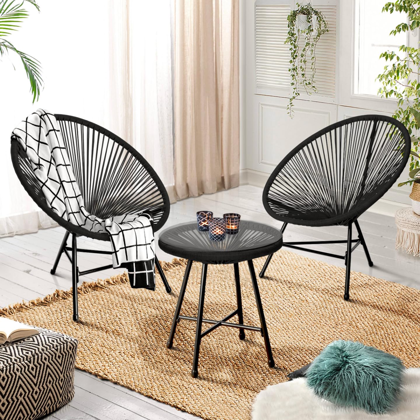 IDMarket - Set di mobili da Giardino Izmir Tavolo e 2 poltrone Uovo in Corda Nera