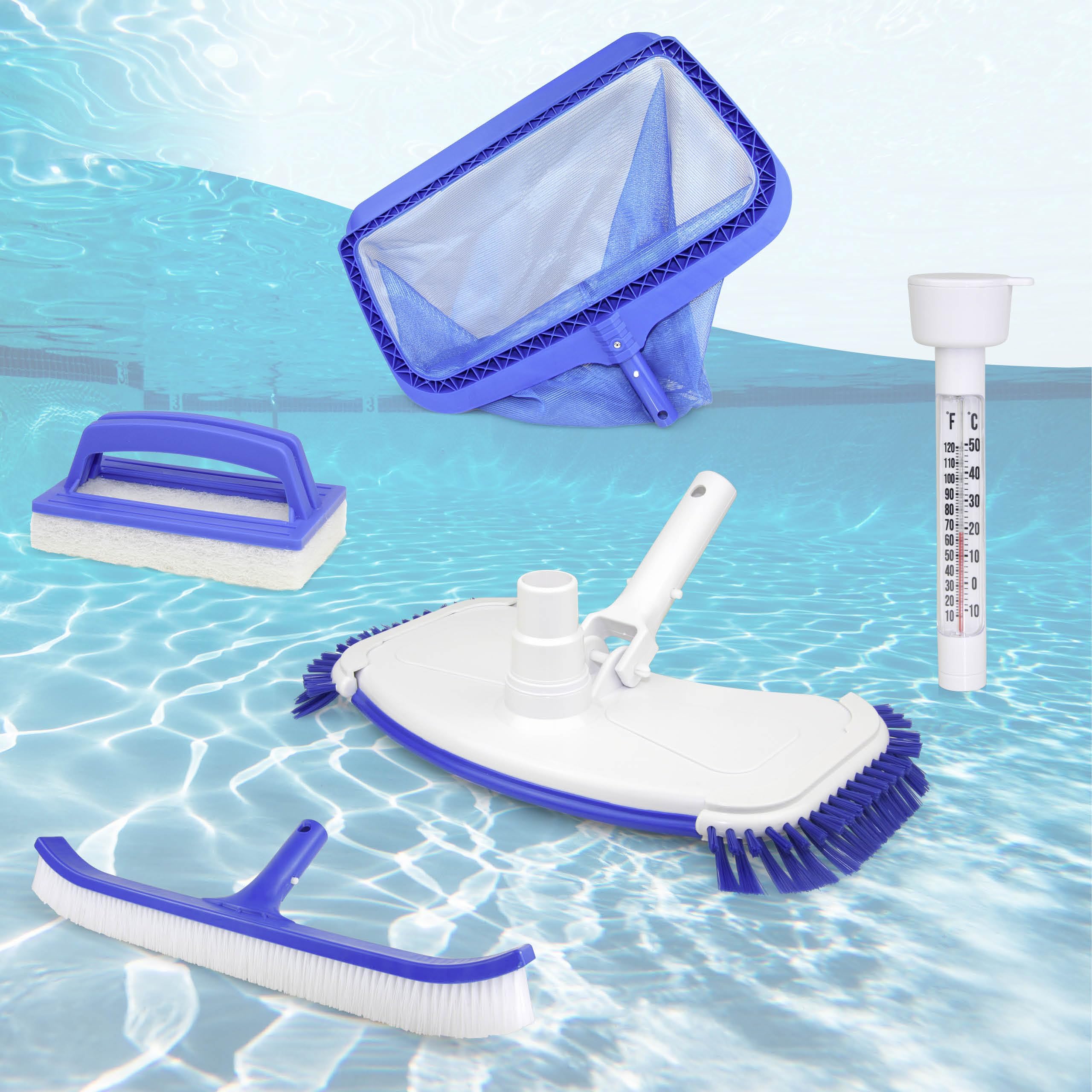 BAYZID Pool Zubehör Set Premium 5 in 1 – Komplettset für Poolreinigung mit Bodensauger, Kescher, Bürste & Thermometer – Pool Reinigungsset kompatibel mit Teleskopstange