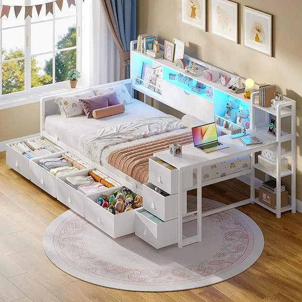 ADORNEVE Twin Corner Bed Frame with 7 Drawers, Desk & Bookcase Storage, Metal Platform Daybed with Charging Station and RGB Lights, for Kids Bedroom, No Box Spring Needed, White