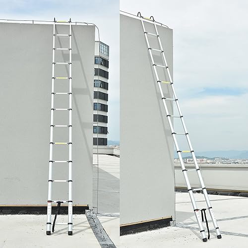 Miniatura 27 de Escalera telescópica de aluminio de 12.5 pies, escalera extensible con 2 ganchos desmontables, diseño de bloqueo de seguridad portátil y ligero