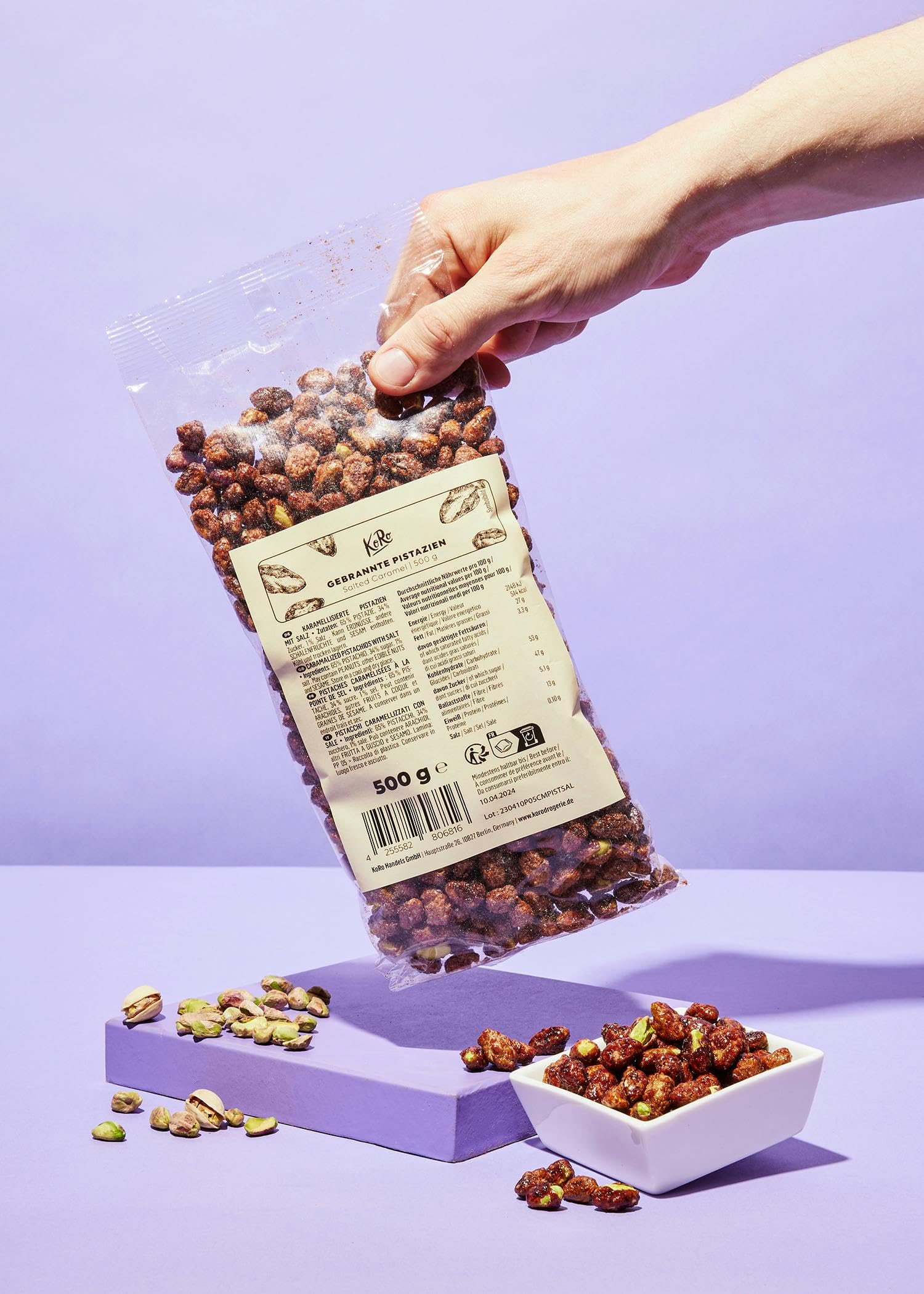 KoRo - Pistaches au caramel salé 500g - Pistaches grillées et caramélisées avec une pincée de sel - Combinaison de sucré et de salé - 500g vrac