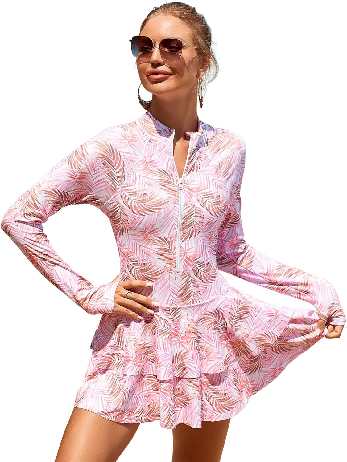 FYMNSI Women's Modest Rash Guard One Piece Swimsuit Zipper Long Sleeve Swim Dress with Shorts Bathing Suit Athletic Swimskirt