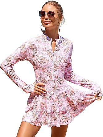 OBEEII Womens Surfing Swimsuit One-Piece Rash Guard Long Sleeve Swim Dress UV Protection Swimwear for Surf Beach Pool