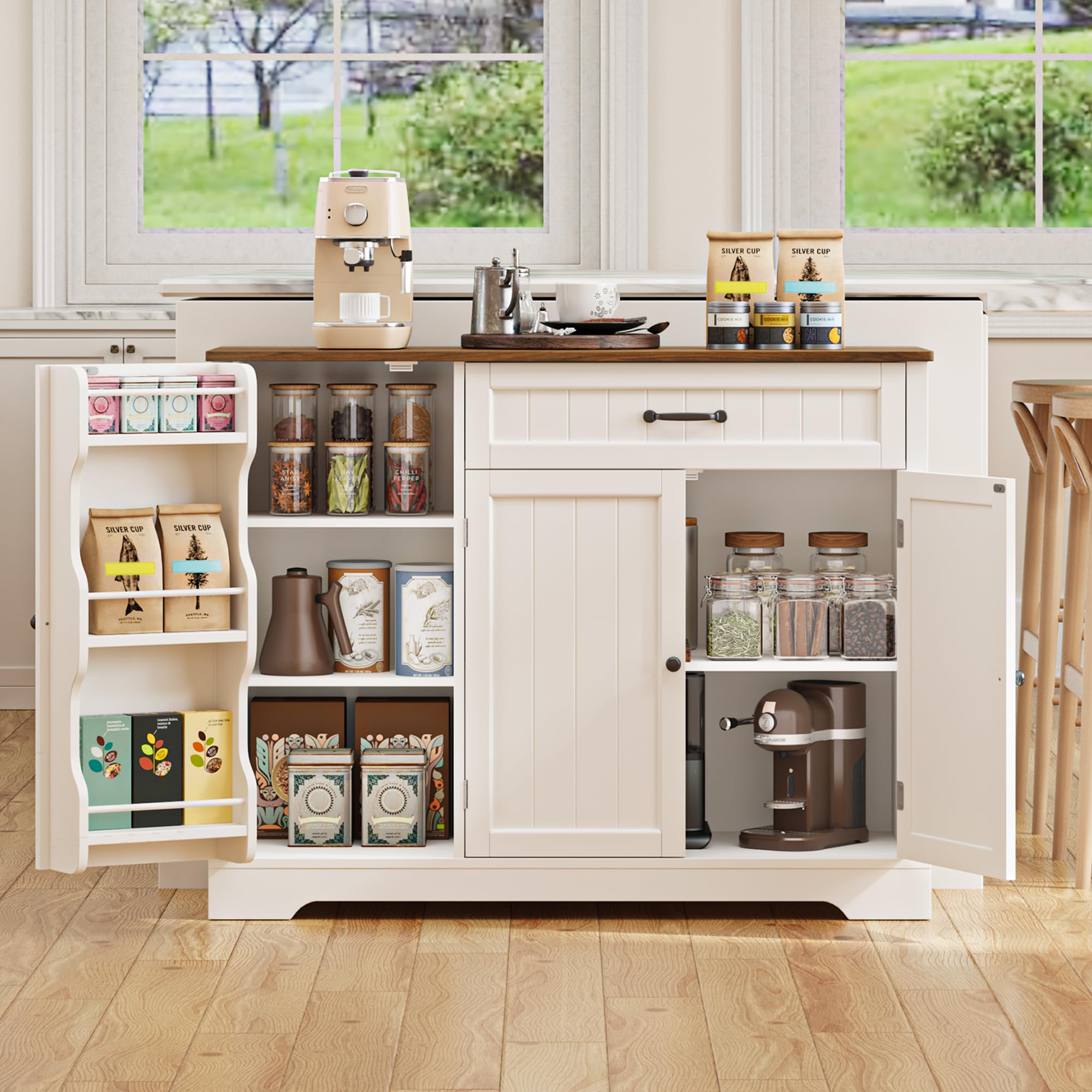 Gizoon Kitchen Coffee Bar Cabinet with Storage Kitchen Sideboard Buffet Cabinet with Drawers, Short Pantry with Door and Shelves for Bathroom and Living Room, White and Rustic